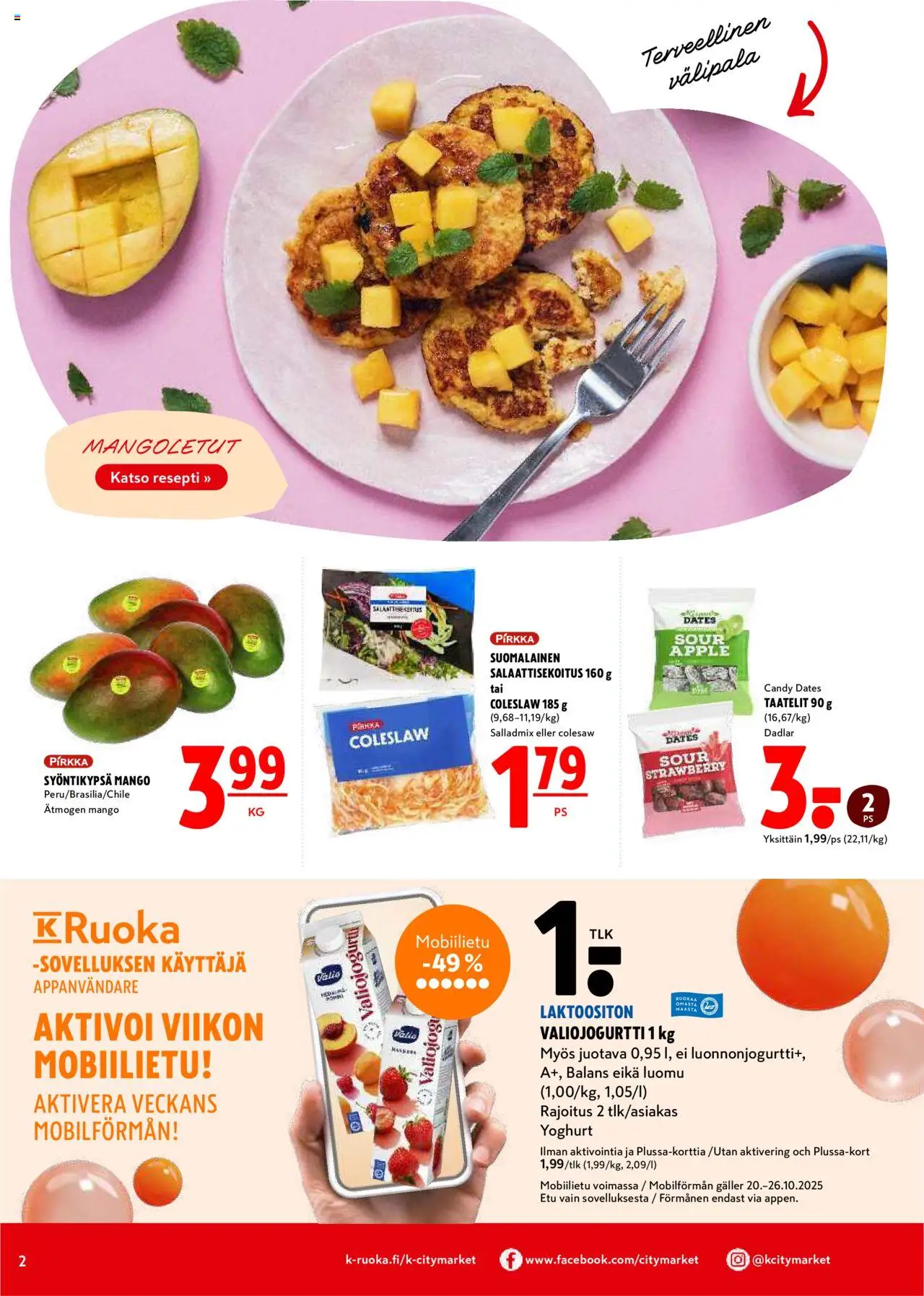 K-Citymarket tarjoukset – voimassa 20.10.2025 alkaen | Sivu: 2 | Tuotteet: Mango, Taatelit