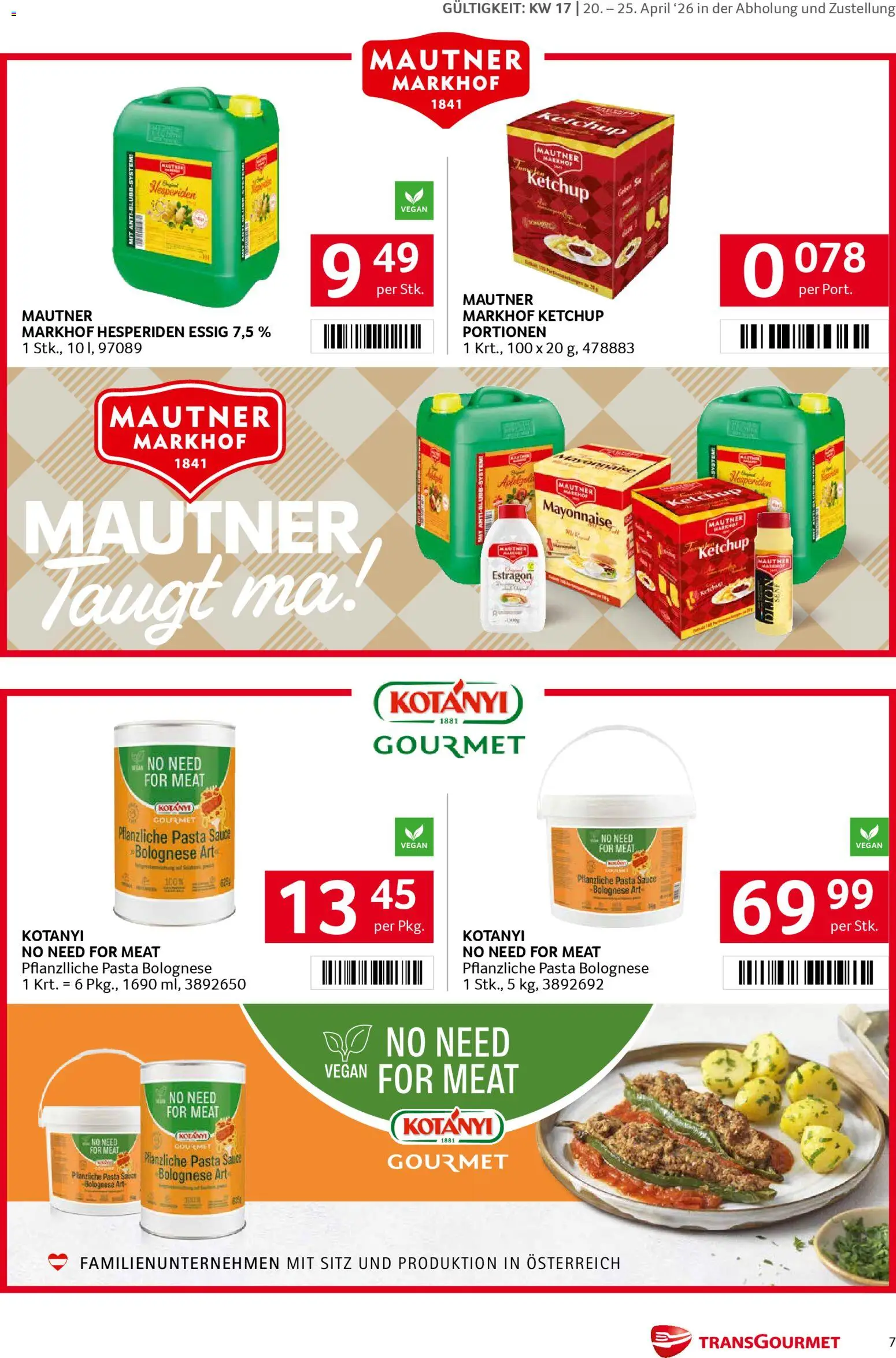 Transgourmet PUR Aktion gültig ab 20.04.2026 | Seite: 7 | Produkte: Pasta, Ketchup, Mayonnaise