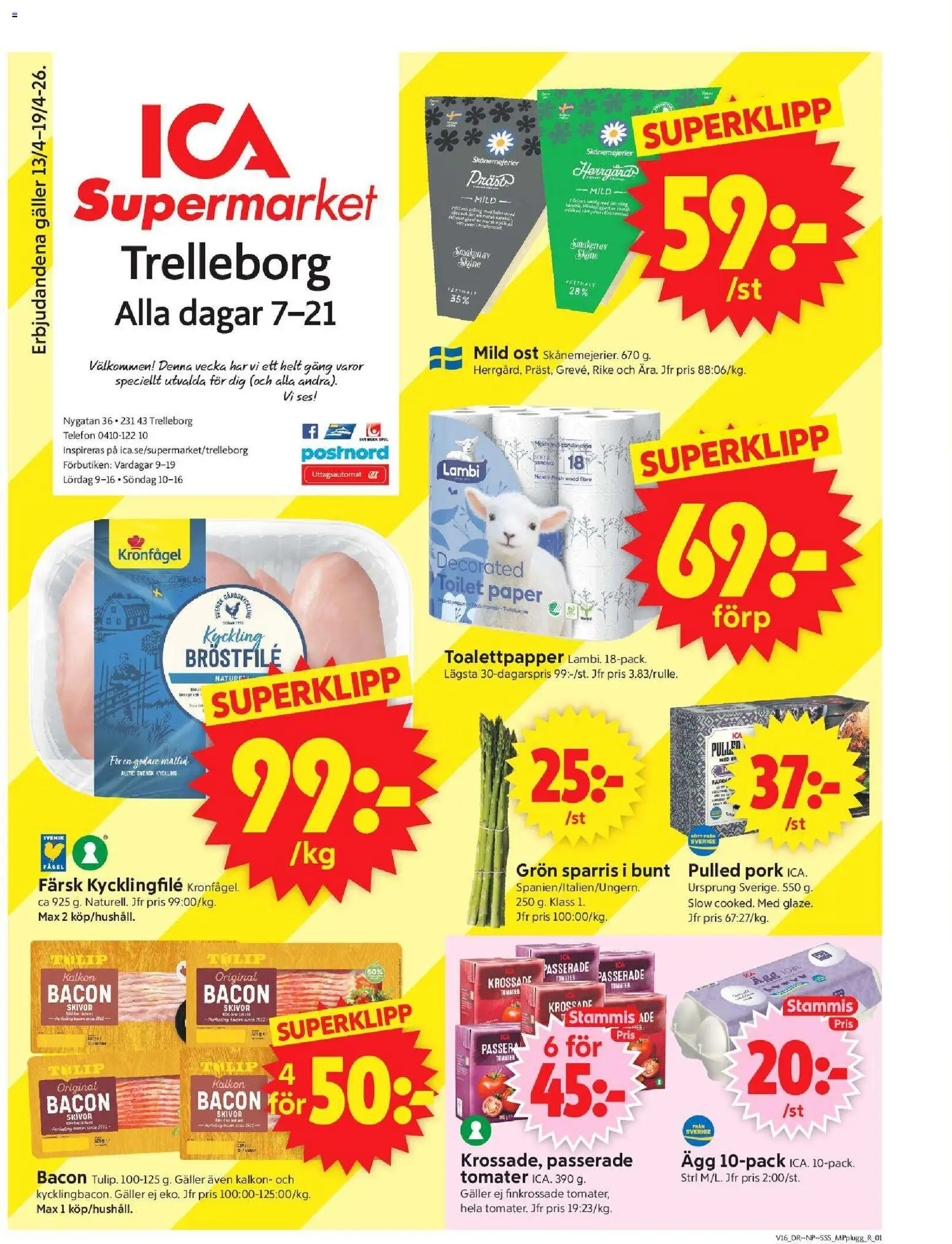 ICA Supermarket reklamblad aktuell från 13.04.2026 | Sida: 1 | Produkter: Kycklingfile, Ost, Kalkon, Telefon