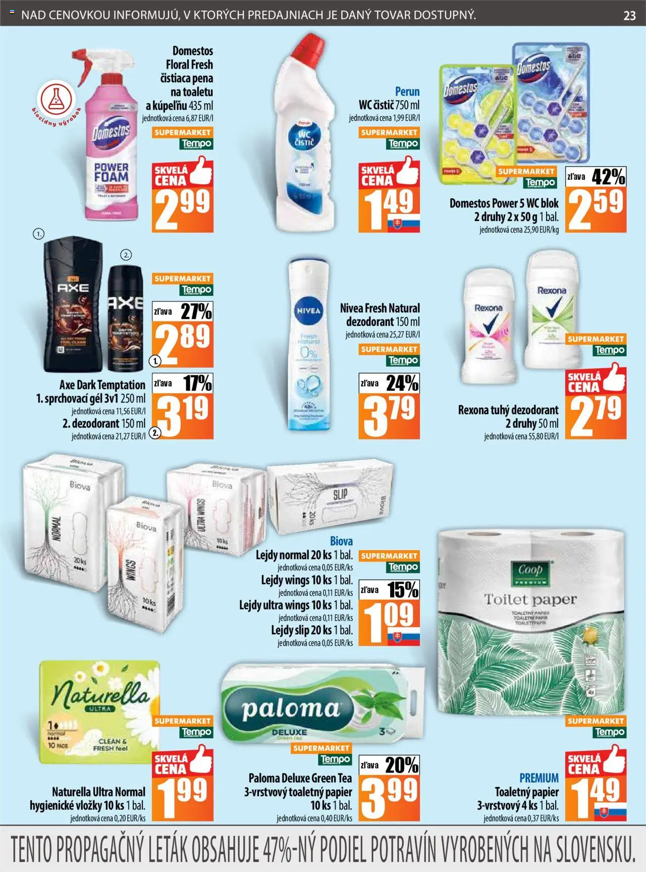 Nové COOP Jednota akcie – leták je platný od 25.09.2025 | Strana: 23 | Produkty: Toaletný papier, Dezodorant, Wc blok, Domestos