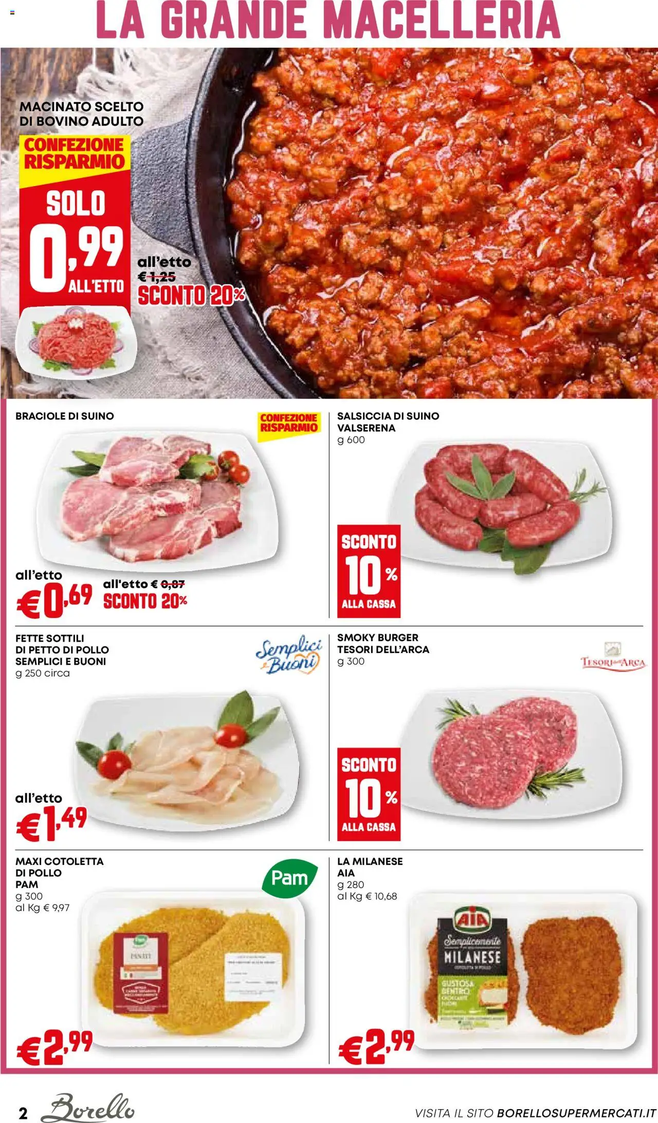 Volantino Borello Supermercati del 09.10.2025 | Pagina: 2 | Prodotti: Bovino, Petto di Pollo, Suino, Salsiccia