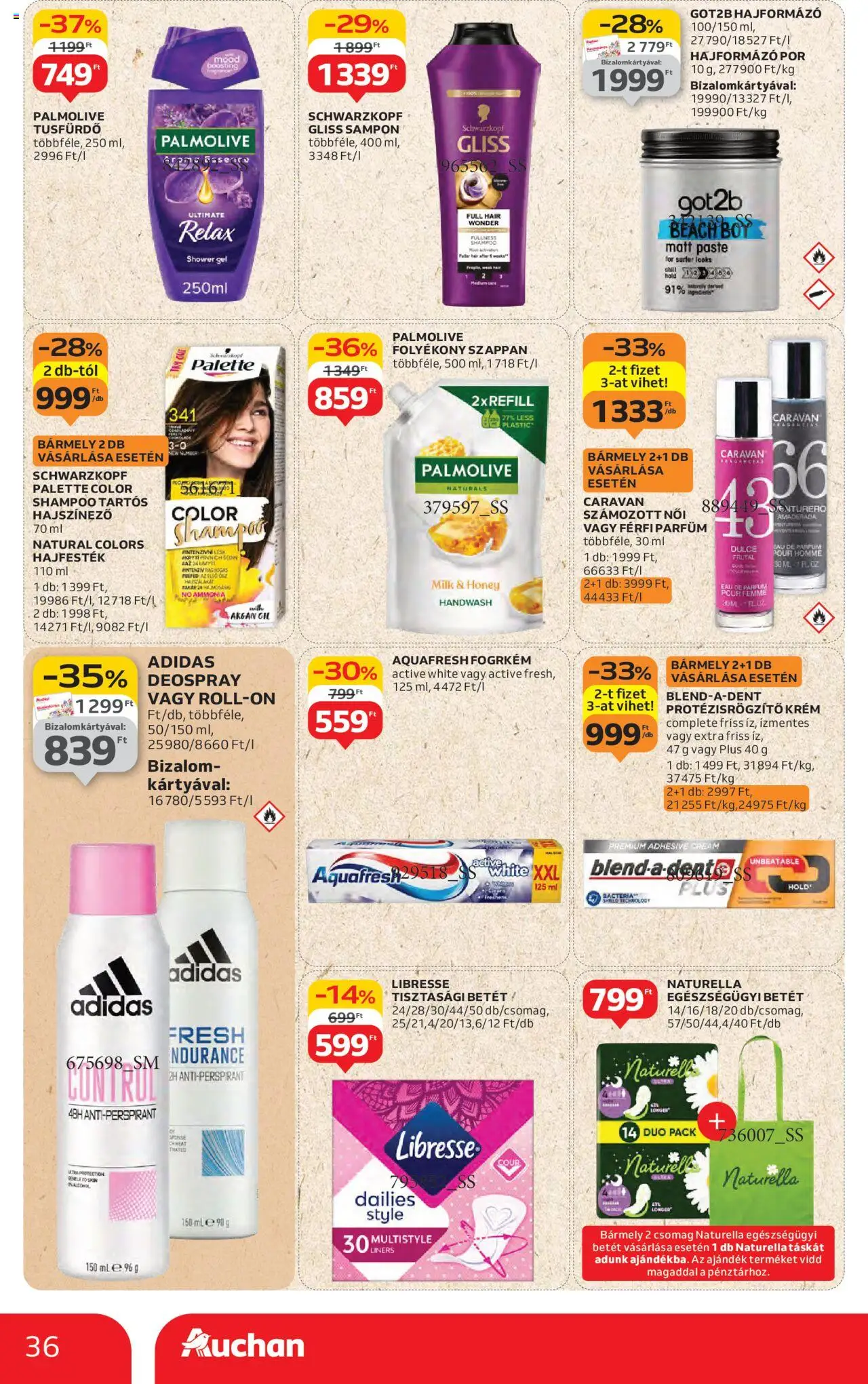Auchan akciós ujság - amely érvényes a következő dátumtól: 14.08.2025 | Oldal: 36 | Termékek: Hajszínező, Hajformázó, Hajfesték, Sampon