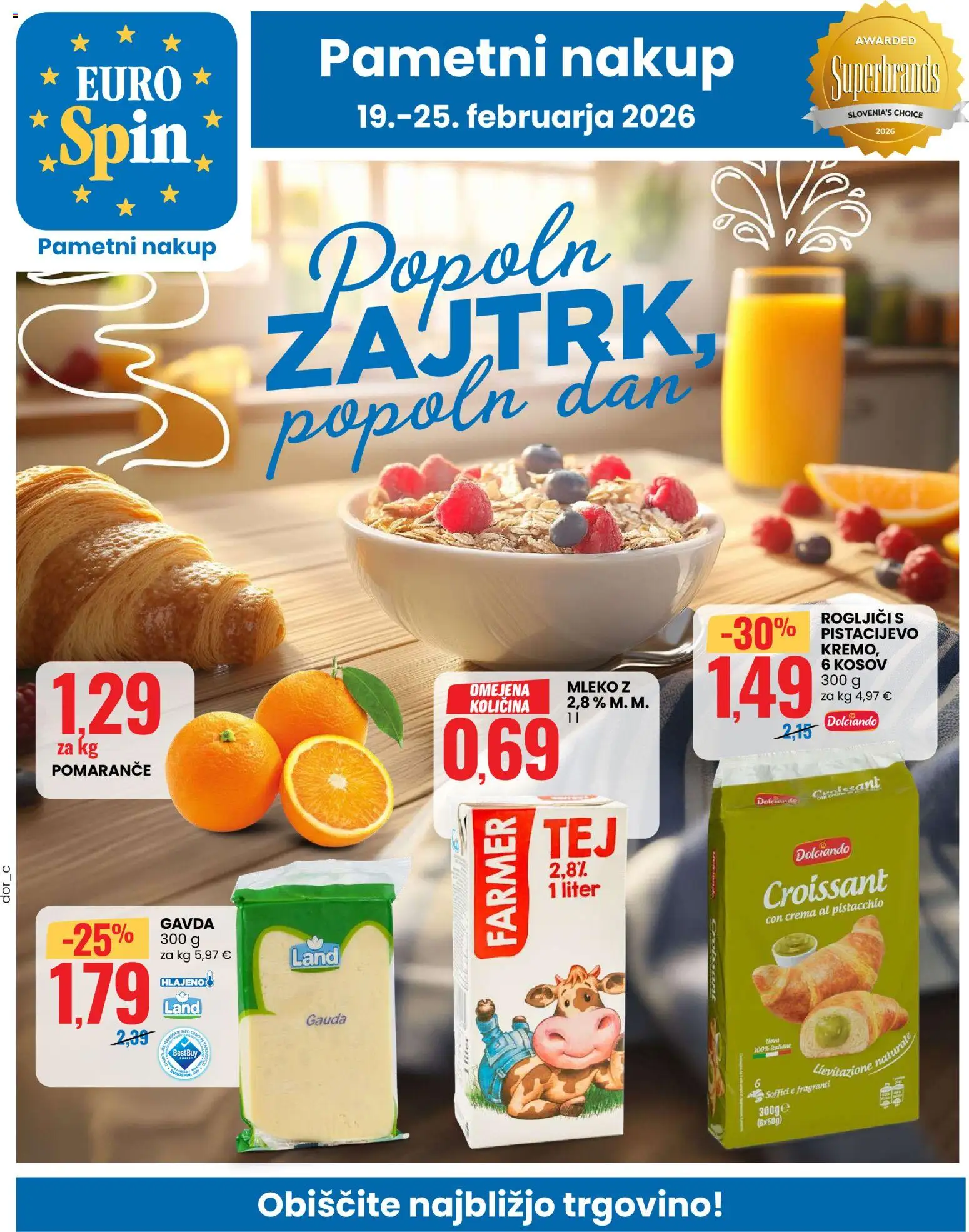 Novi Eurospin katalog ponudbe – veljaven od 19.02.2026 | Stran: 1 | Izdelki: Gauda, Mleko, Pomarance