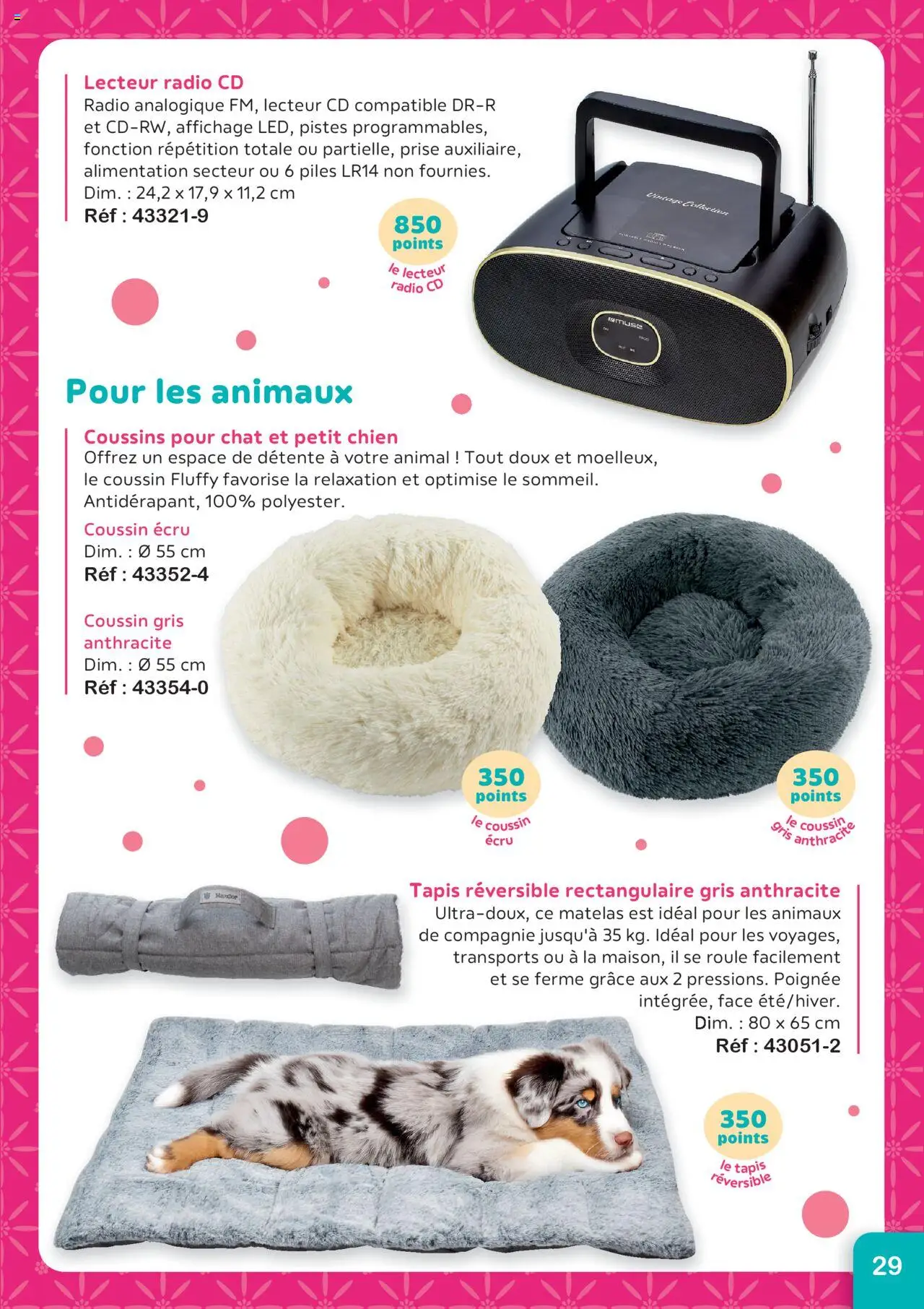 {H1} | Page: 29 | Produits: Matelas, Tapis, Piles, lecteur CD