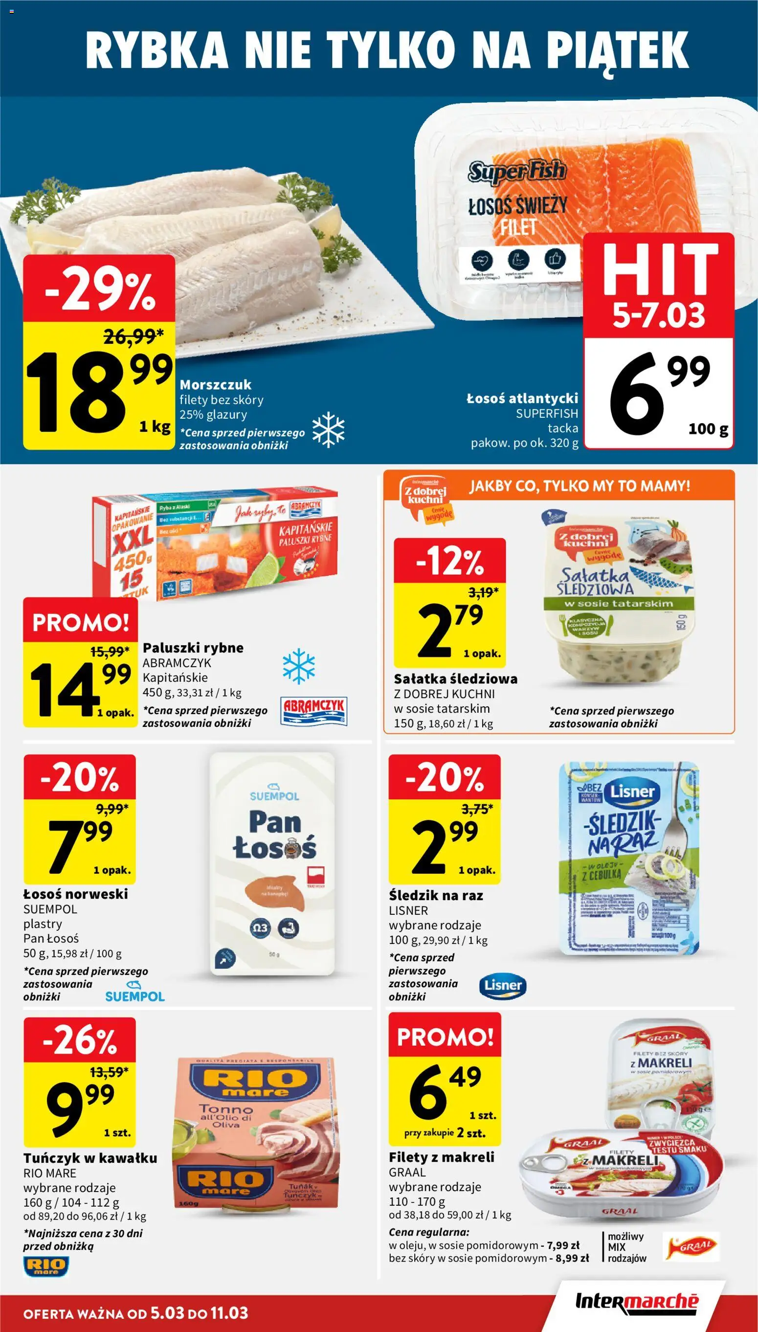 Intermarche gazetka od 05.03.2026 | Strona: 21 | Produkty: Paluszki rybne, Łosoś, Tuńczyk, Morszczuk