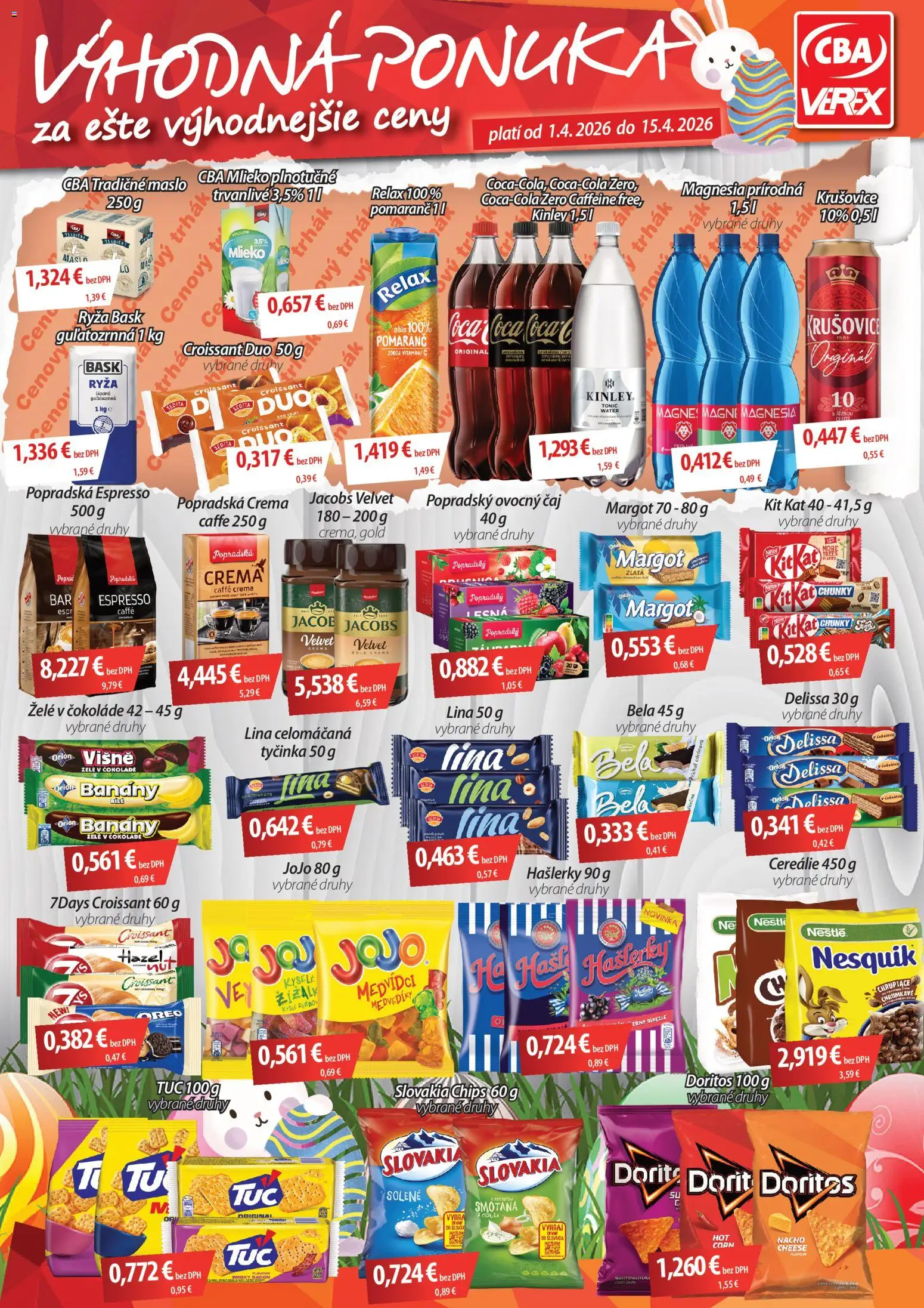 Nové CBA Verex akcie – leták je platný od 01.04.2026 | Strana: 1 | Produkty: Ríbezle, Mlieko, Ryža, Krušovice