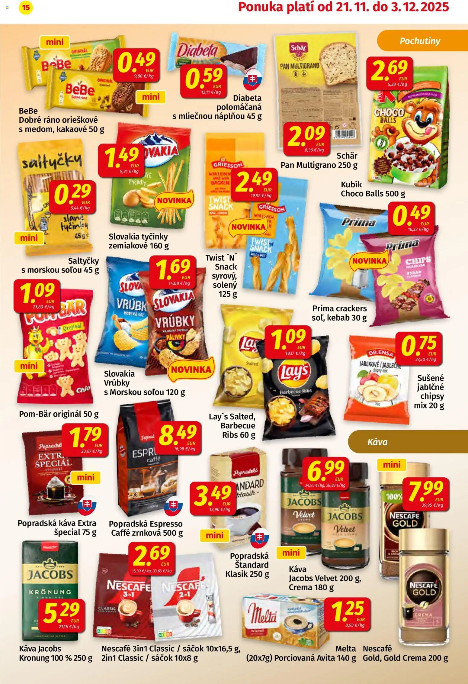 Nové Koruna akcie – leták je platný od 21.11.2025 | Strana: 15 | Produkty: Jacobs Velvet, Káva, Popradská káva, Chipsy