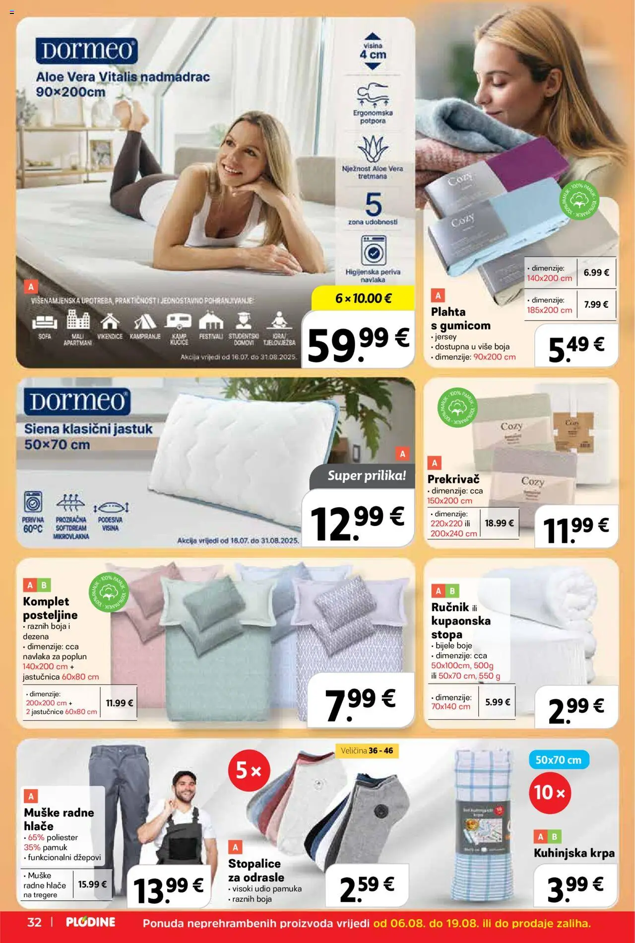Plodine katalog | vrijedi od 06.08.2025 | Stranica: 32 | Proizvodi: Jastuk, Hlače, Ručnik, Plahta