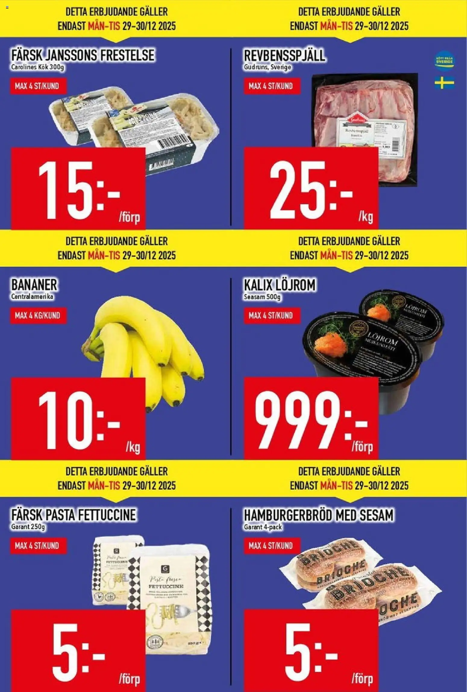 Matdax reklamblad aktuell från 29.12.2025 | Sida: 4 | Produkter: Revbensspjäll, Galler, Hamburgerbröd, Bananer