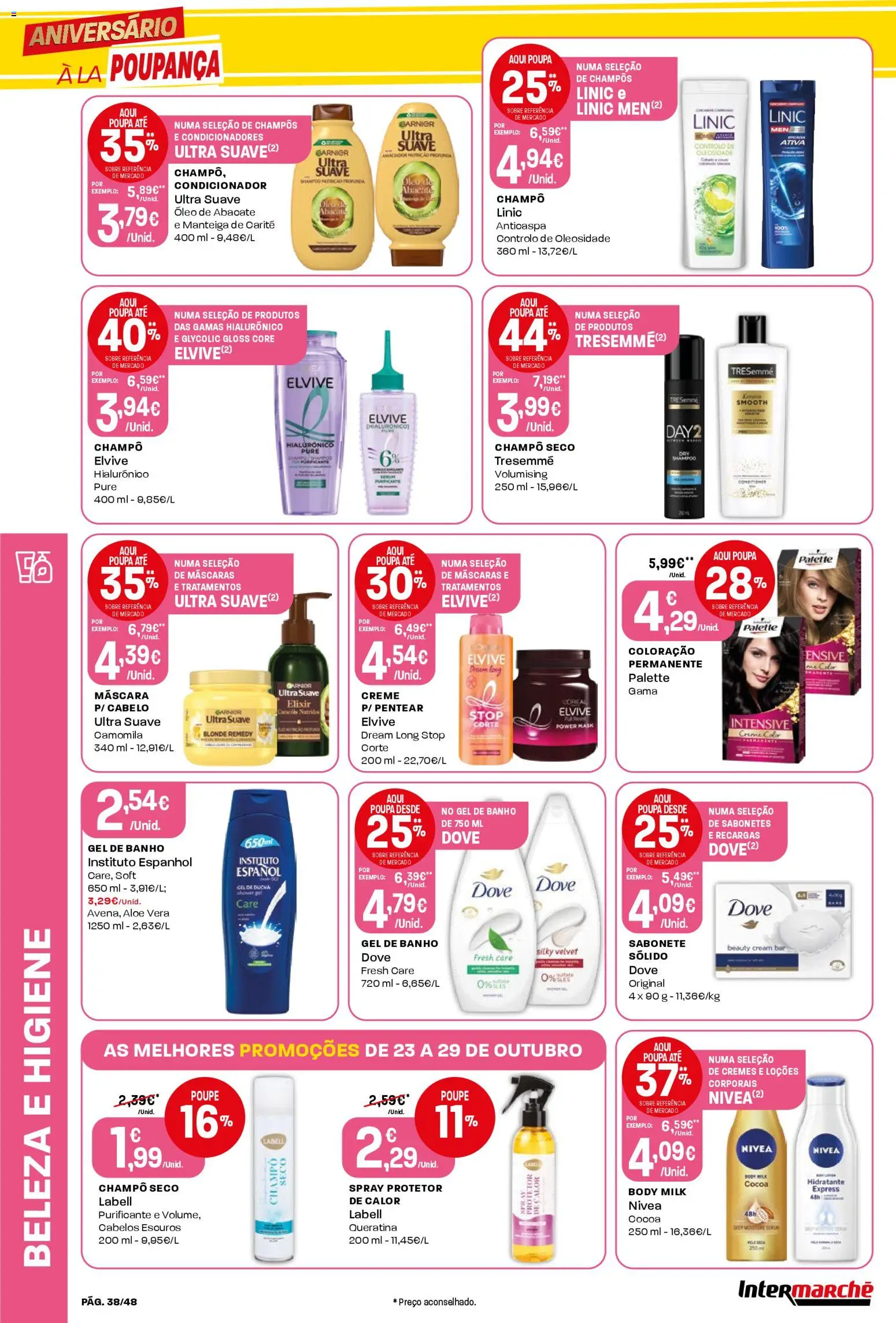 Intermarché folheto │ válido de 23.10.2025 | Página: 38 | Produtos: Condicionador, Gel de banho, Sabonete, Óleo