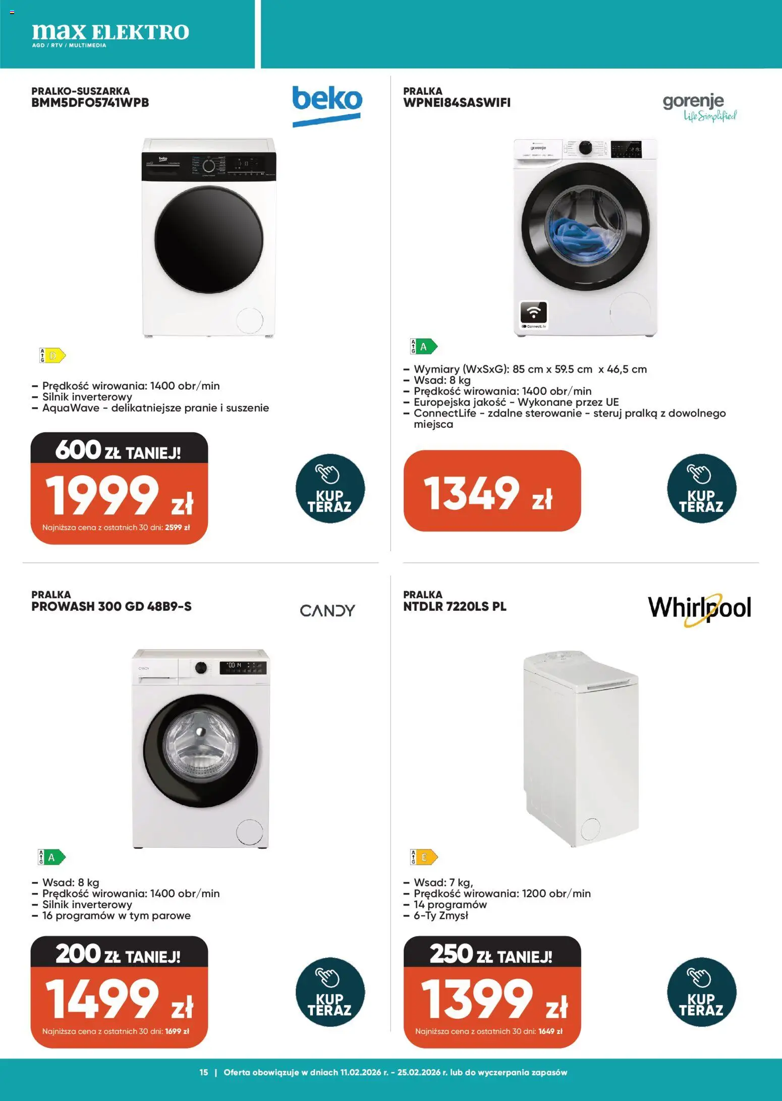 Max elektro Gazetka od 11.02.2026 | Strona: 15 | Produkty: Pralka