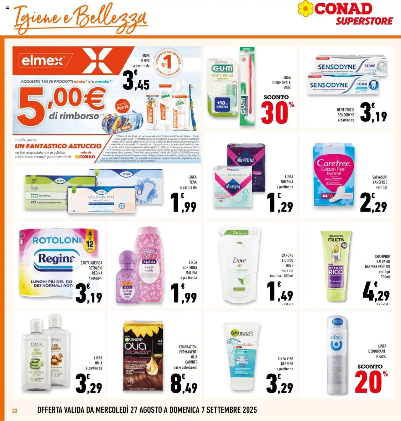 Volantino Conad del 27.08.2025 | Pagina: 22 | Prodotti: Shampoo, Balsamo, Carta igienica, Astuccio