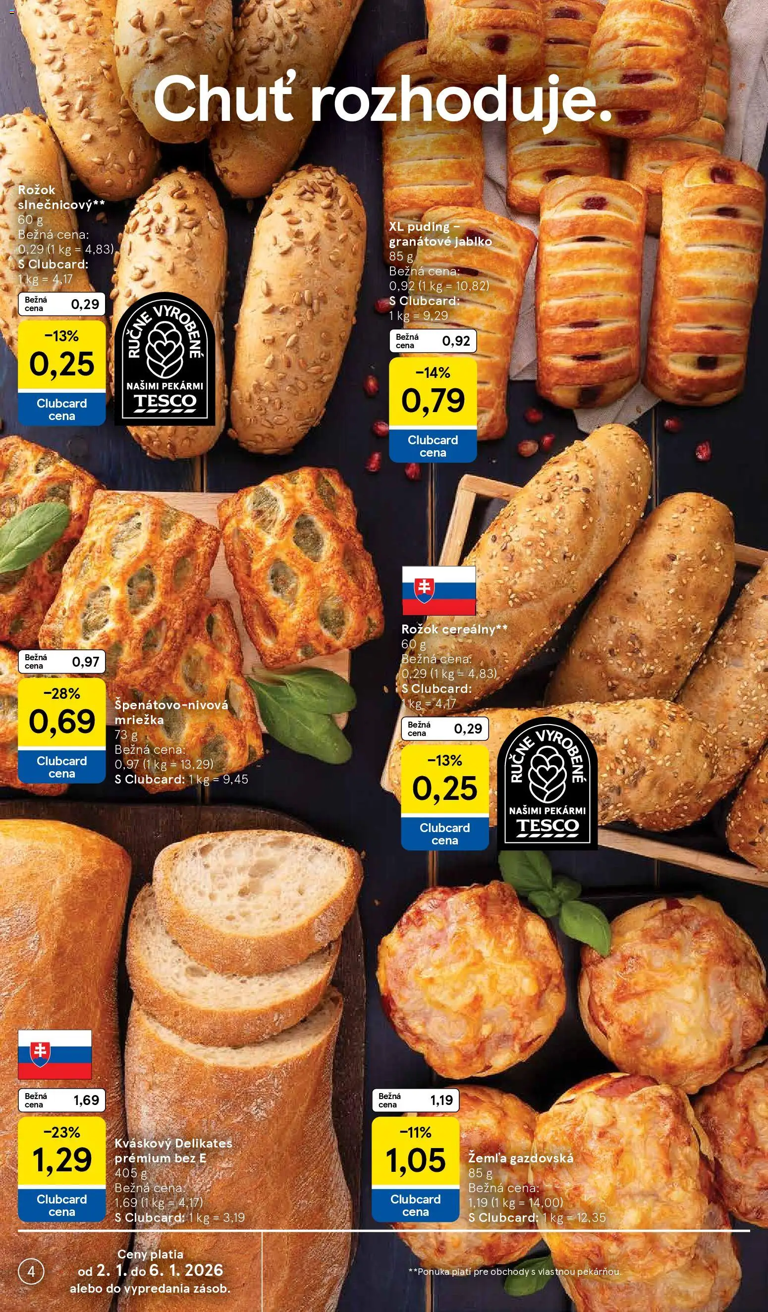 Nové Tesco akcie – leták je platný od 02.01.2026 | Strana: 4 | Produkty: Rožok, Puding