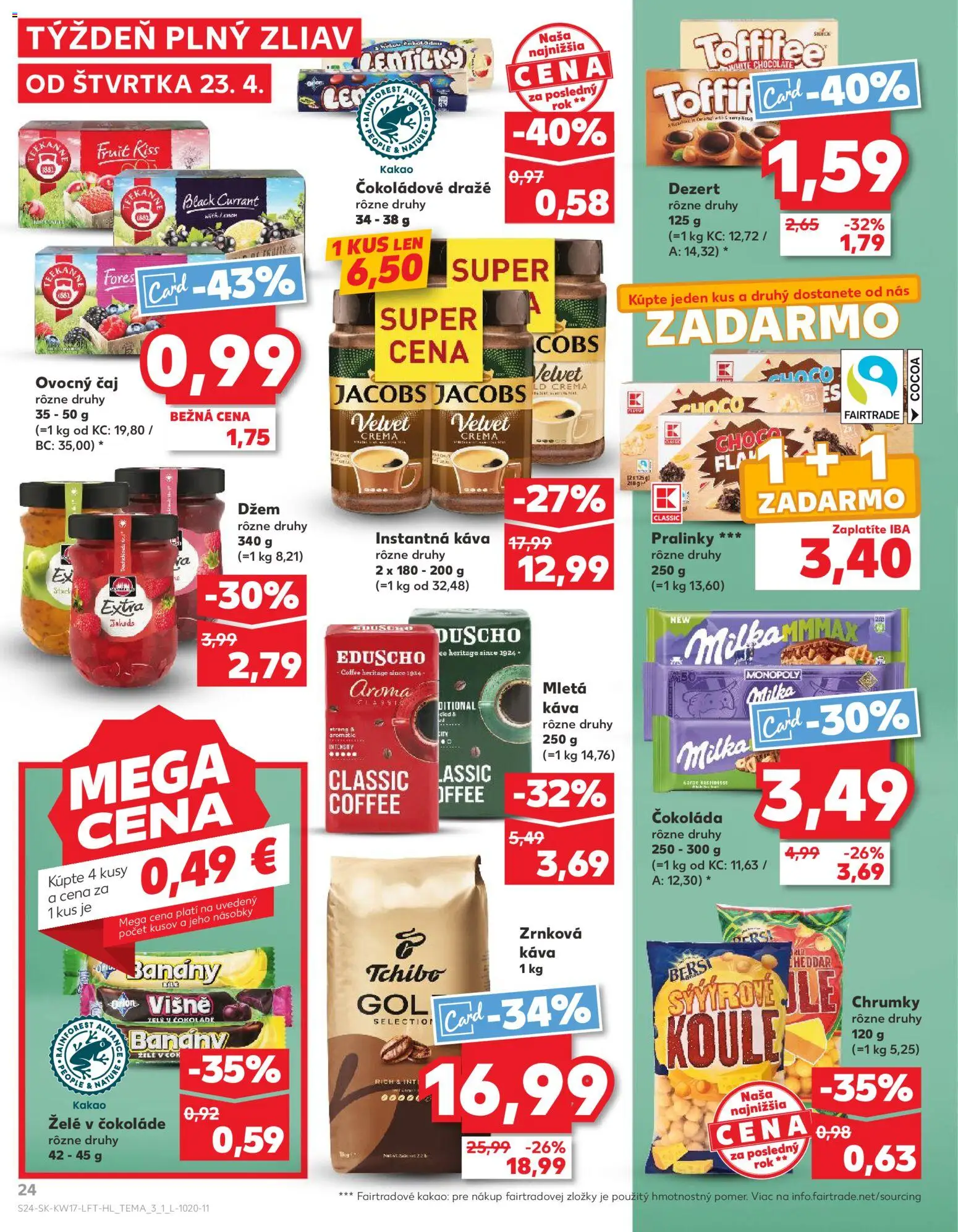Nové Kaufland akcie – leták je platný od 23.04.2026 | Strana: 24 | Produkty: Káva, Banány, Čaj, Milka