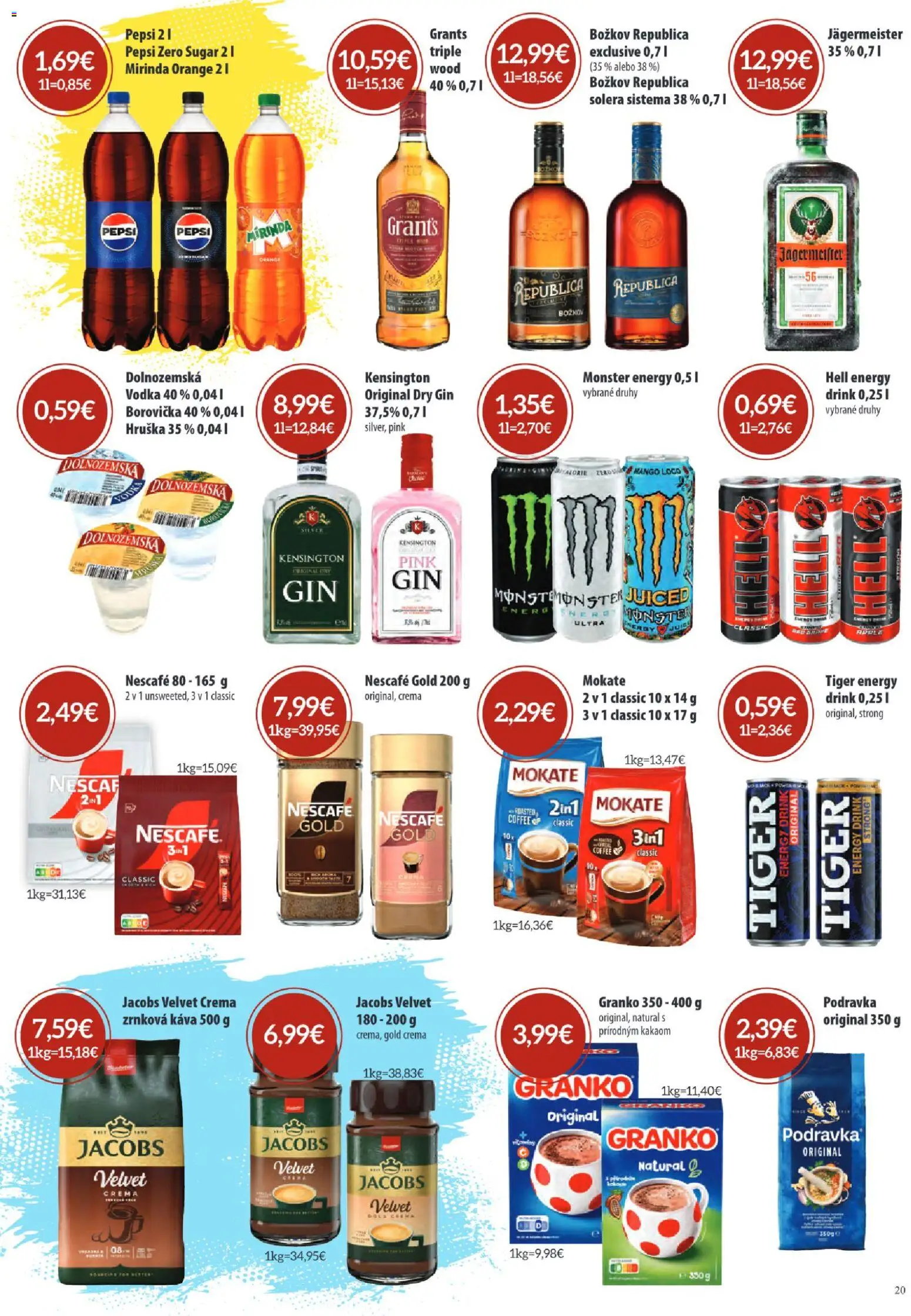 Nové Sintra akcie – leták je platný od 06.11.2025 | Strana: 20 | Produkty: Jacobs Velvet, Republica, Gin, Zrnková káva