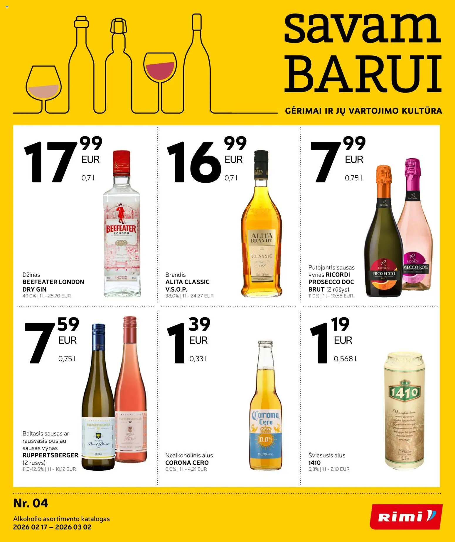 Rimi akcijos nuo 17.02.2026 | Puslapis: 1 | Prekių: Nealkoholinis alus, Vynas, Alus, Džinas