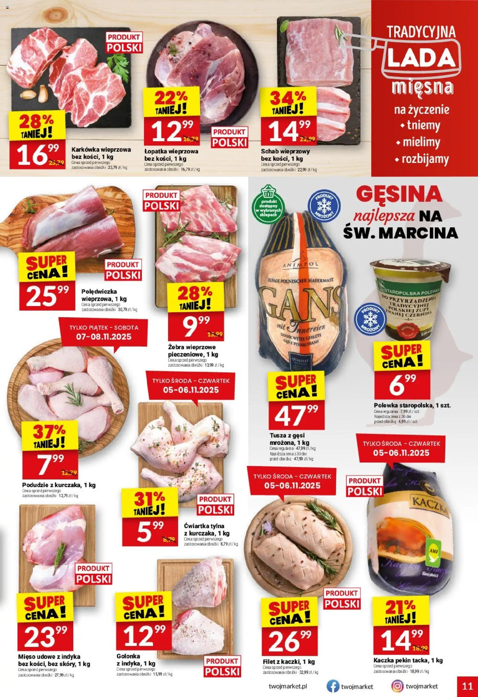 Twój Market Gazetka od 05.11.2025 | Strona: 11 | Produkty: Karkówka, Karkówka wieprzowa, Schab wieprzowy, Kaczka