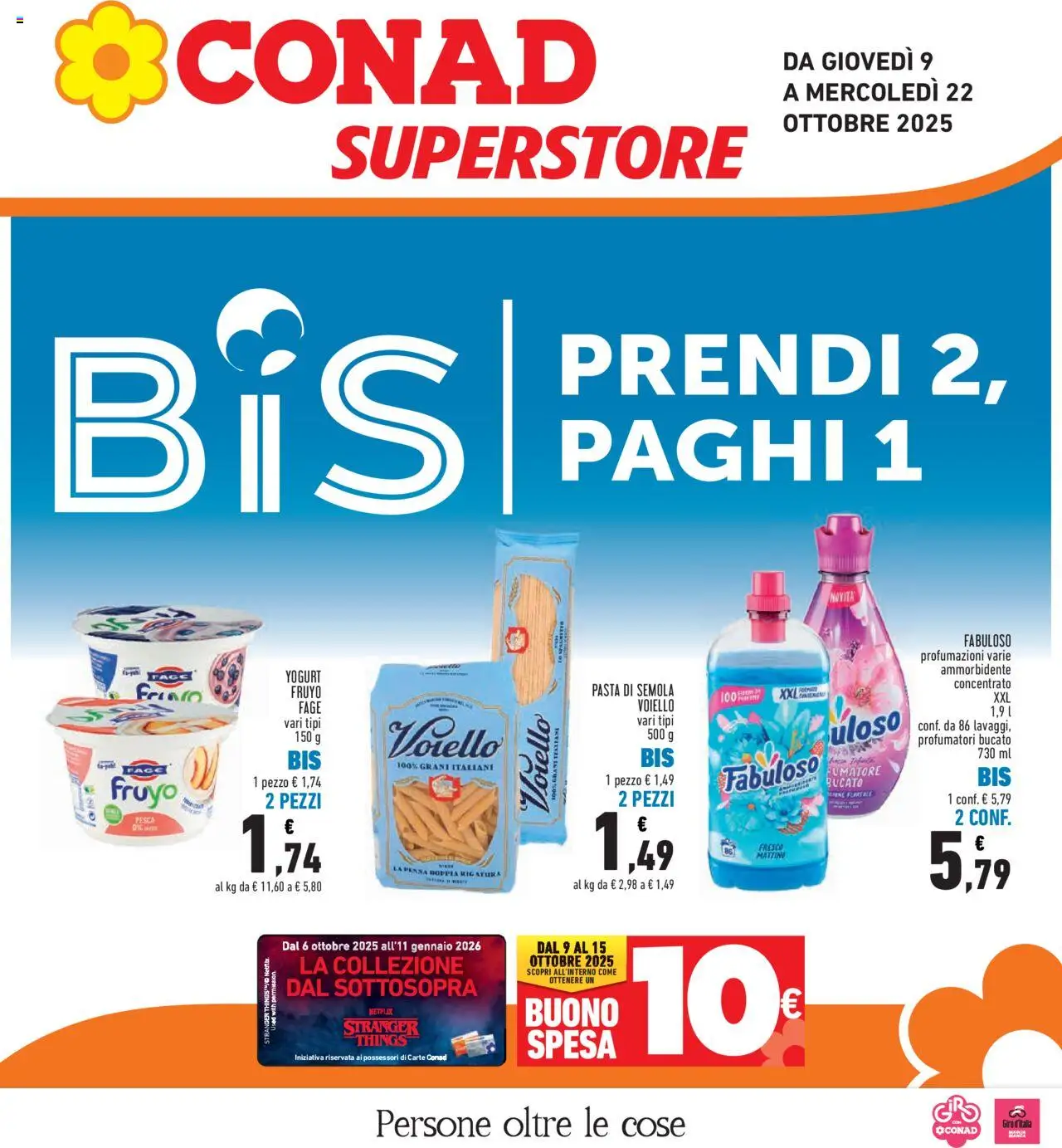 Volantino Conad del 09.10.2025 | Pagina: 1 | Prodotti: Yogurt, Ammorbidente, Pasta, Pesca
