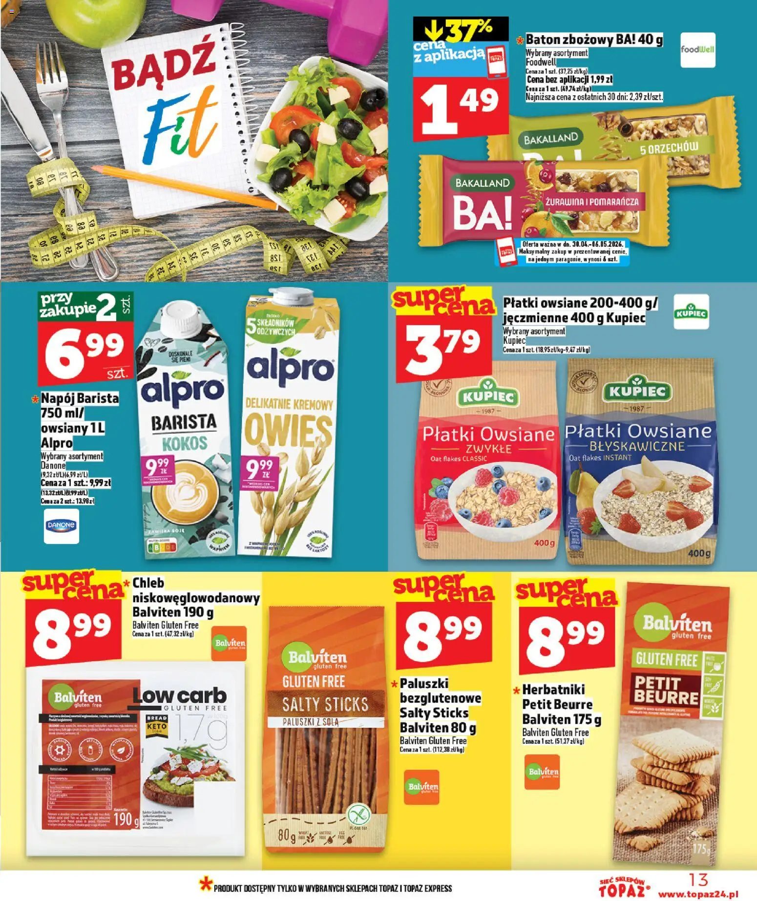 Topaz gazetka - MAZ od 30.04.2026 | Strona: 13 | Produkty: Alpro, Żurawina, Baton, Paluszki