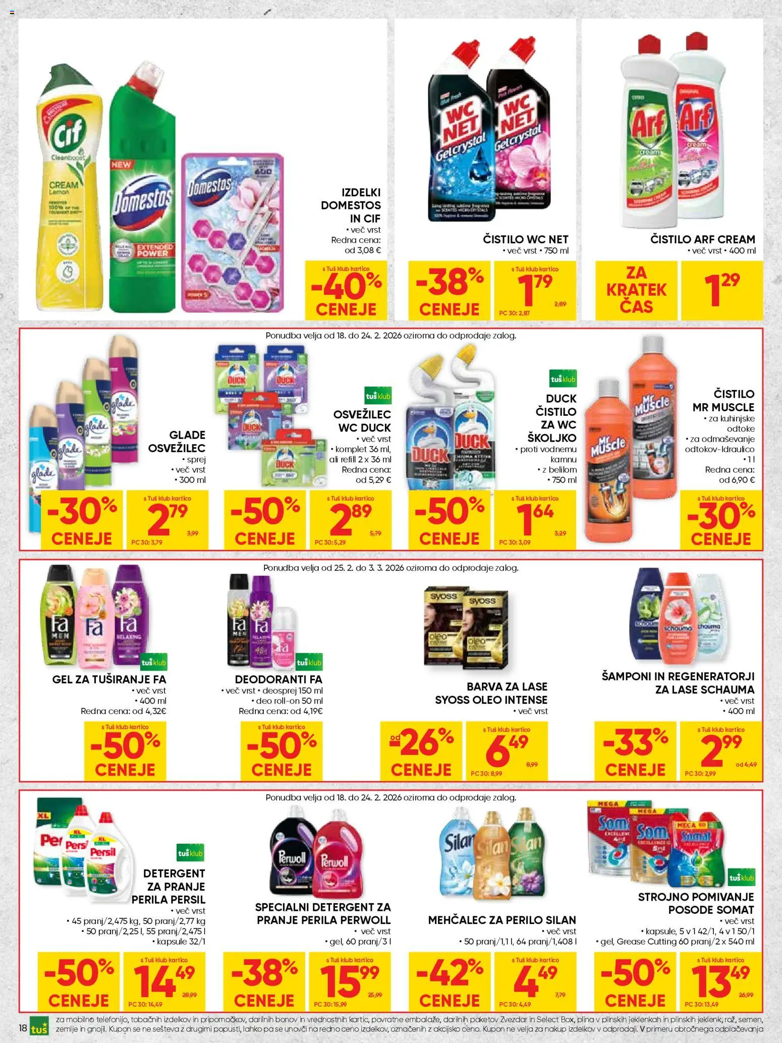 Novi Tuš katalog ponudbe – veljaven od 18.02.2026 | Stran: 18 | Izdelki: Mehčalec, Gel za tusiranje, Detergent, Barva