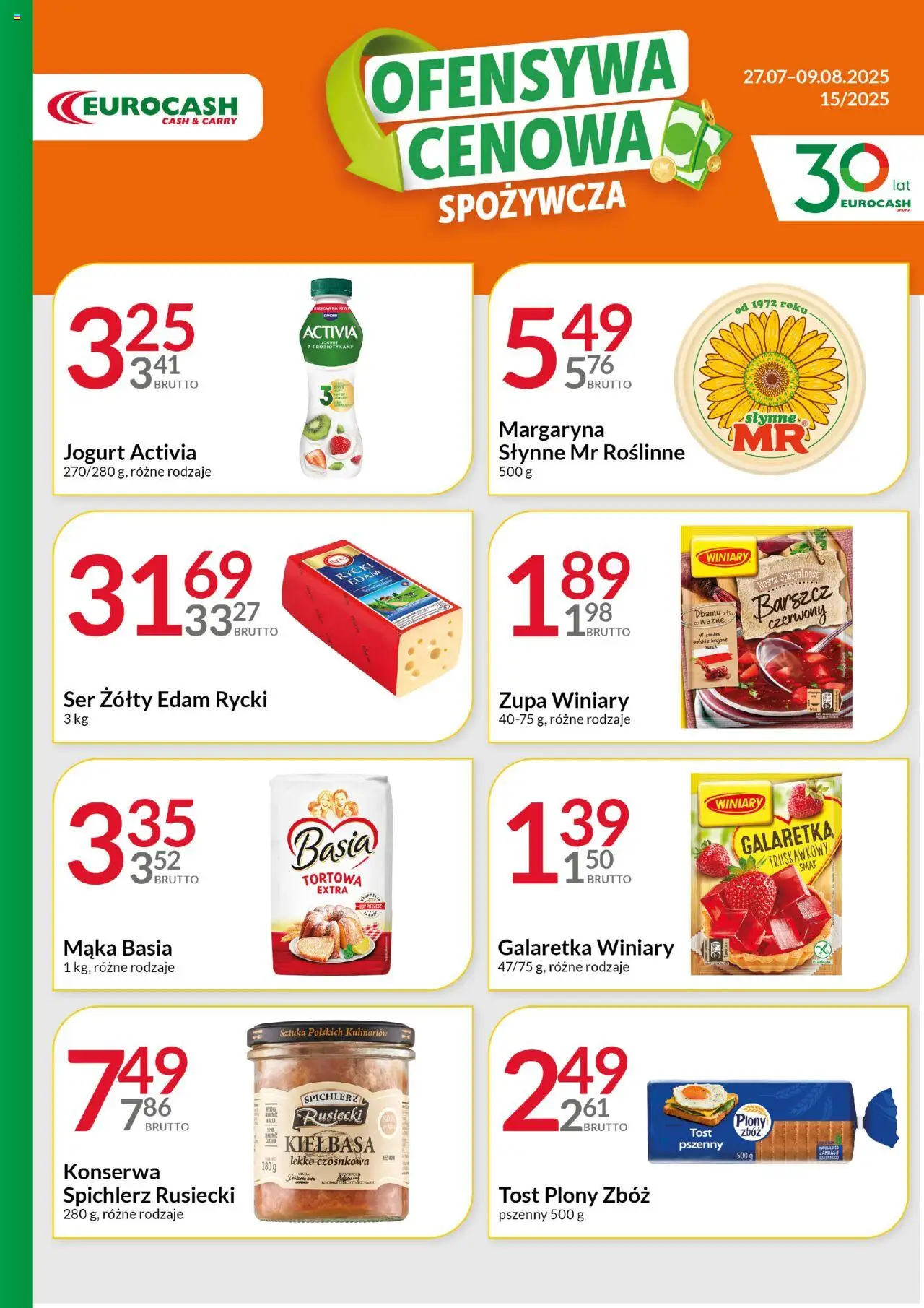 Eurocash Gazetka - Ofensywa Cenowa Spożywcza od 27.07.2025 | Strona: 1 | Produkty: Galaretka, Mąka basia, Ser, Jogurt