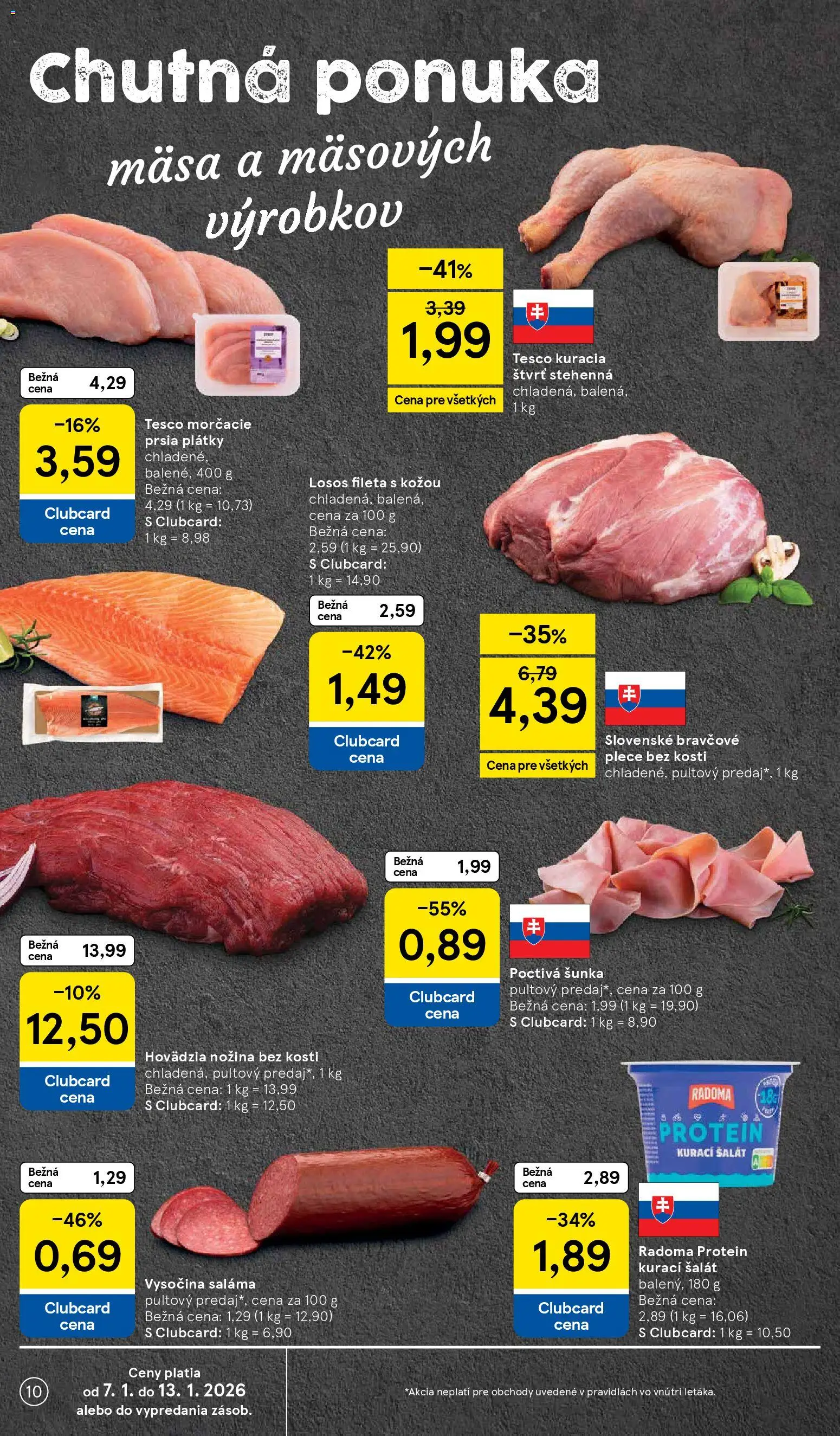Nové Tesco akcie – leták je platný od 07.01.2026 | Strana: 10 | Produkty: Saláma, Protein, Bravčové plece, Losos