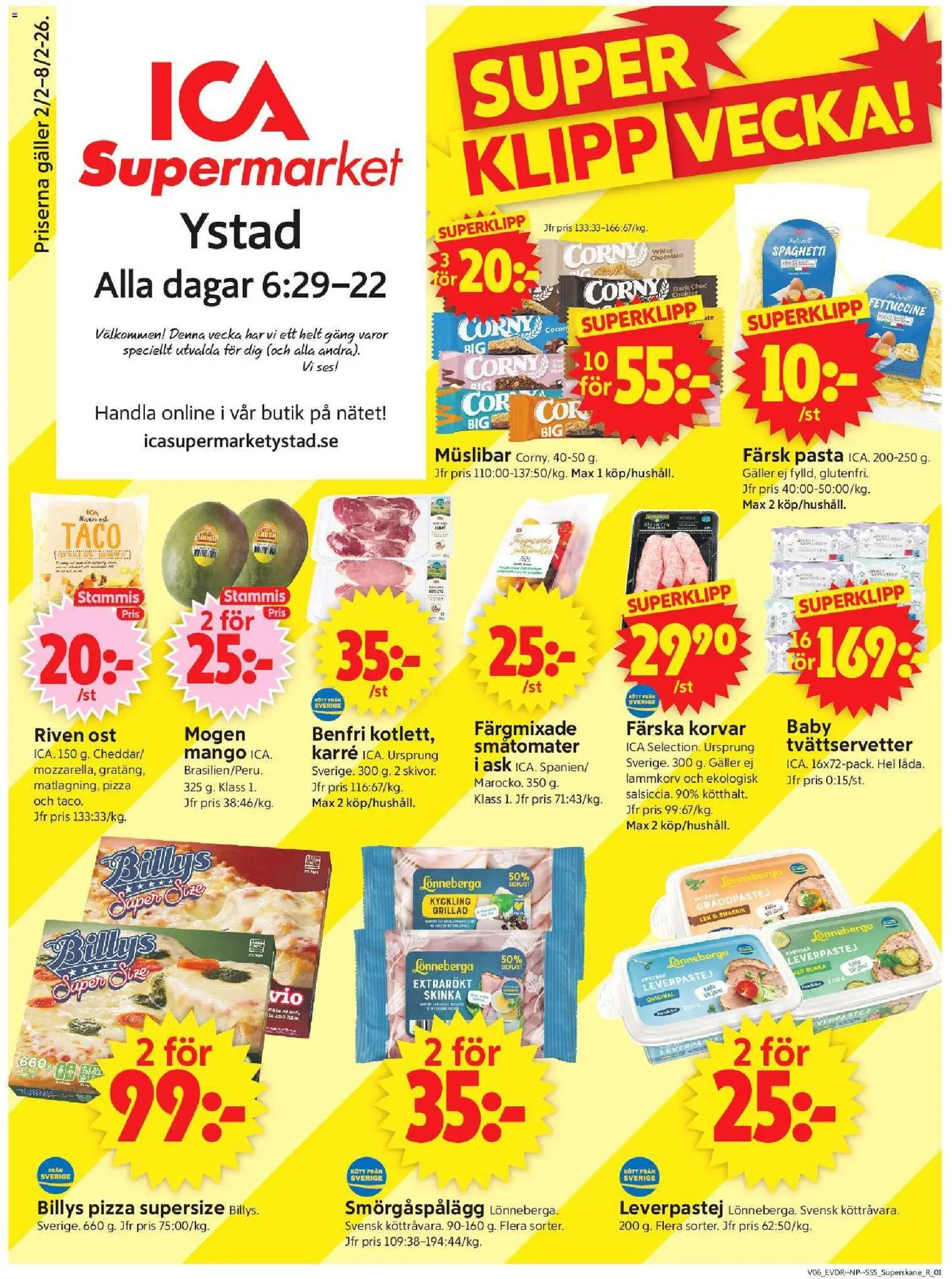 ICA Supermarket reklamblad aktuell från 02.02.2026 | Sida: 1 | Produkter: Leverpastej, Riven ost, Pizza, Mango