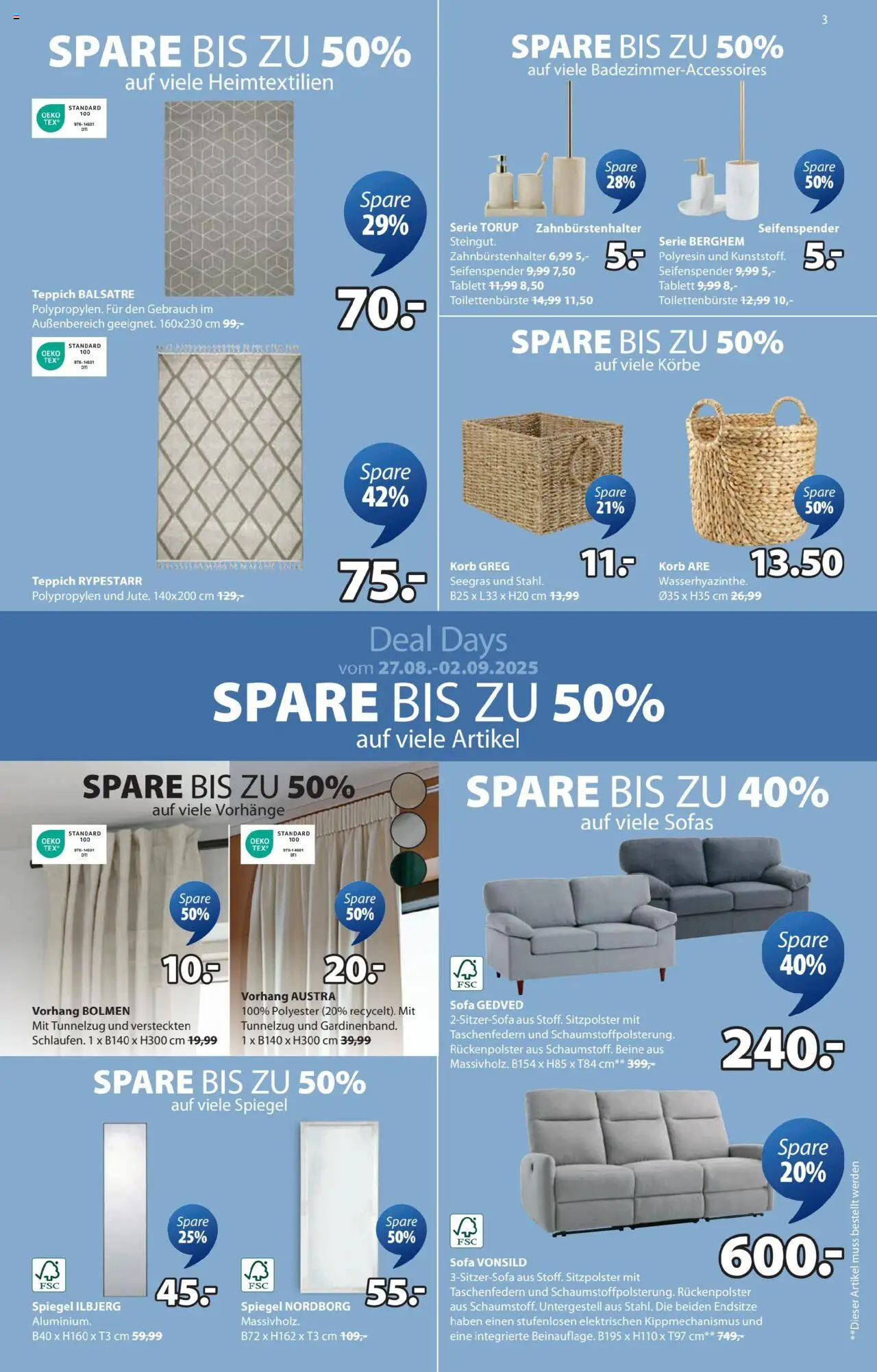 JYSK Angebote gültig ab 27.08.2025 | Seite: 3 | Produkte: Sofa, Korb, Spiegel, Teppich