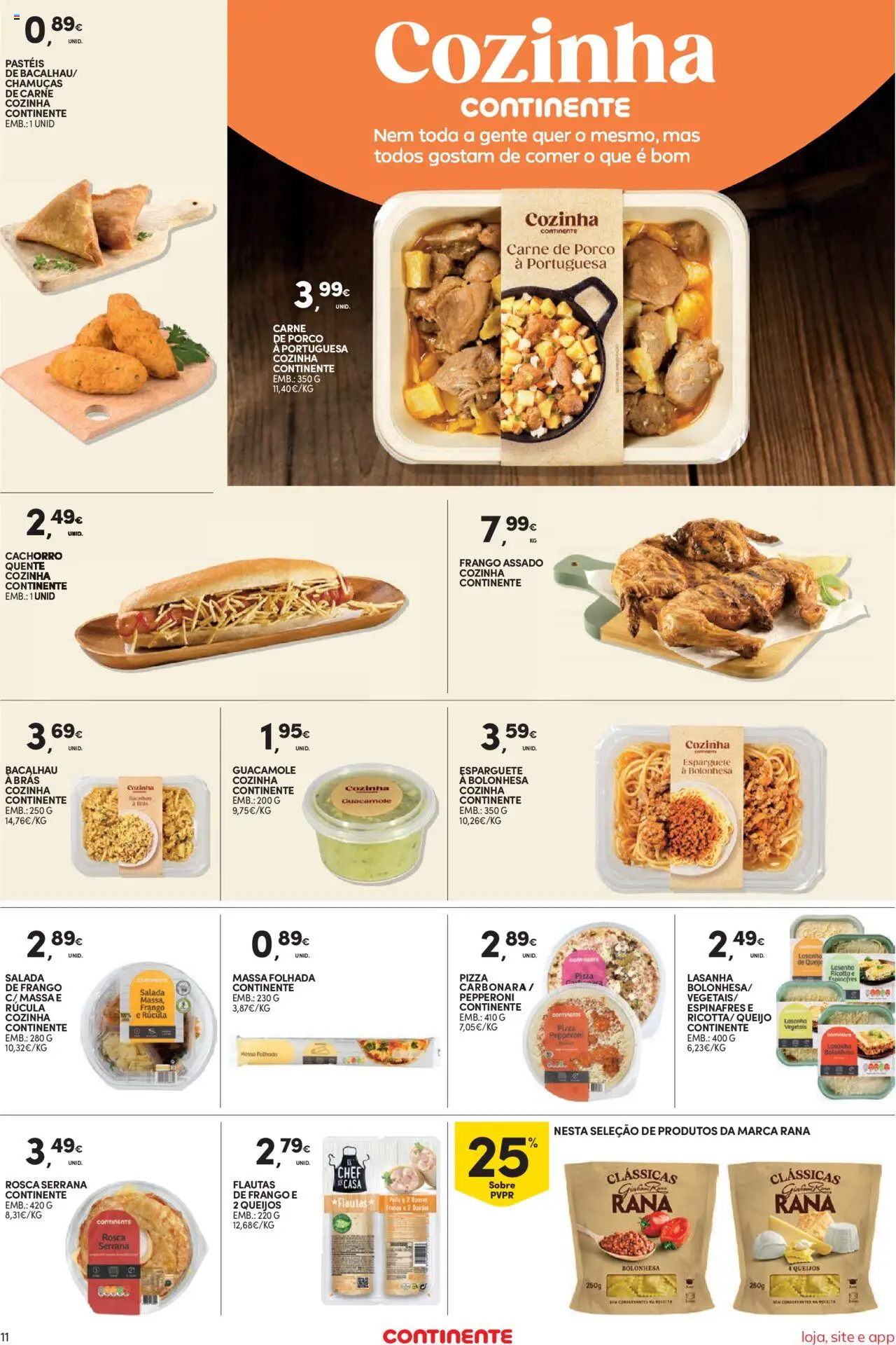 Continente Semanal Continente Bom Dia │ válido de 30.09.2025 | Página: 11 | Produtos: Esparguete, Rúcula, Pizza, Carne de porco