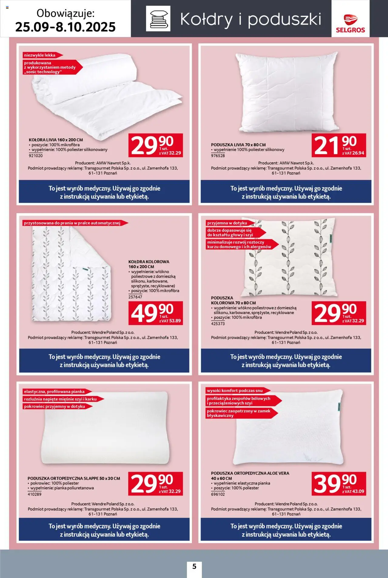 Selgros cash&carry Gazetka - Home&Deco od 25.09.2025 | Strona: 5 | Produkty: Poduszka, Poduszka ortopedyczna, Kołdra