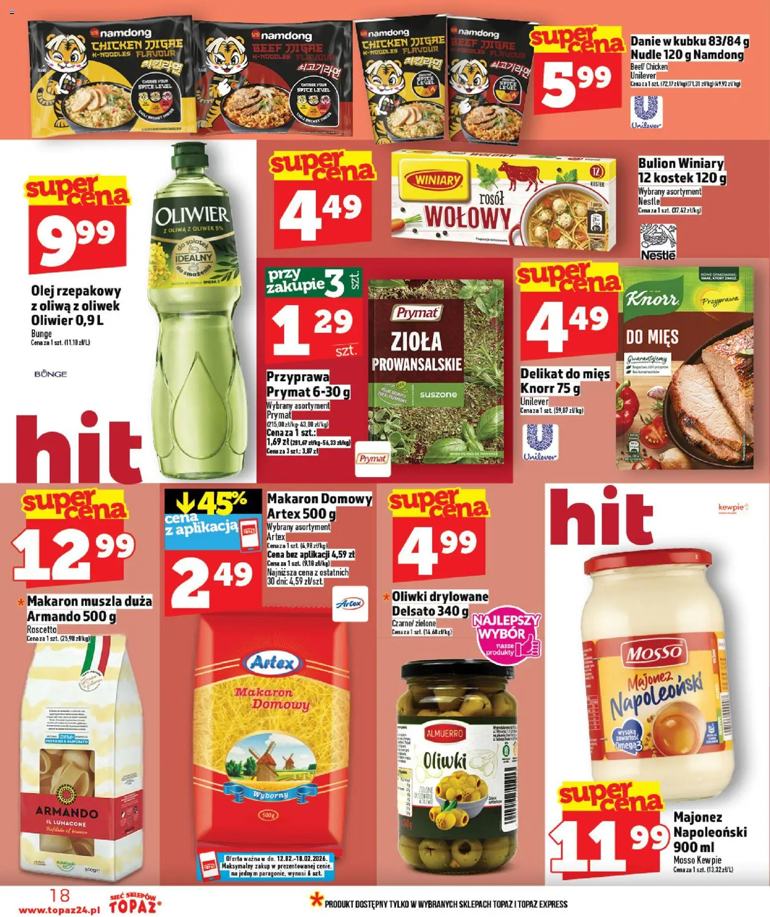 Topaz Gazetka - Ceny małe na stałe od 12.02.2026 | Strona: 18 | Produkty: Olej rzepakowy, Oliwa z oliwek, Olej, Makaron