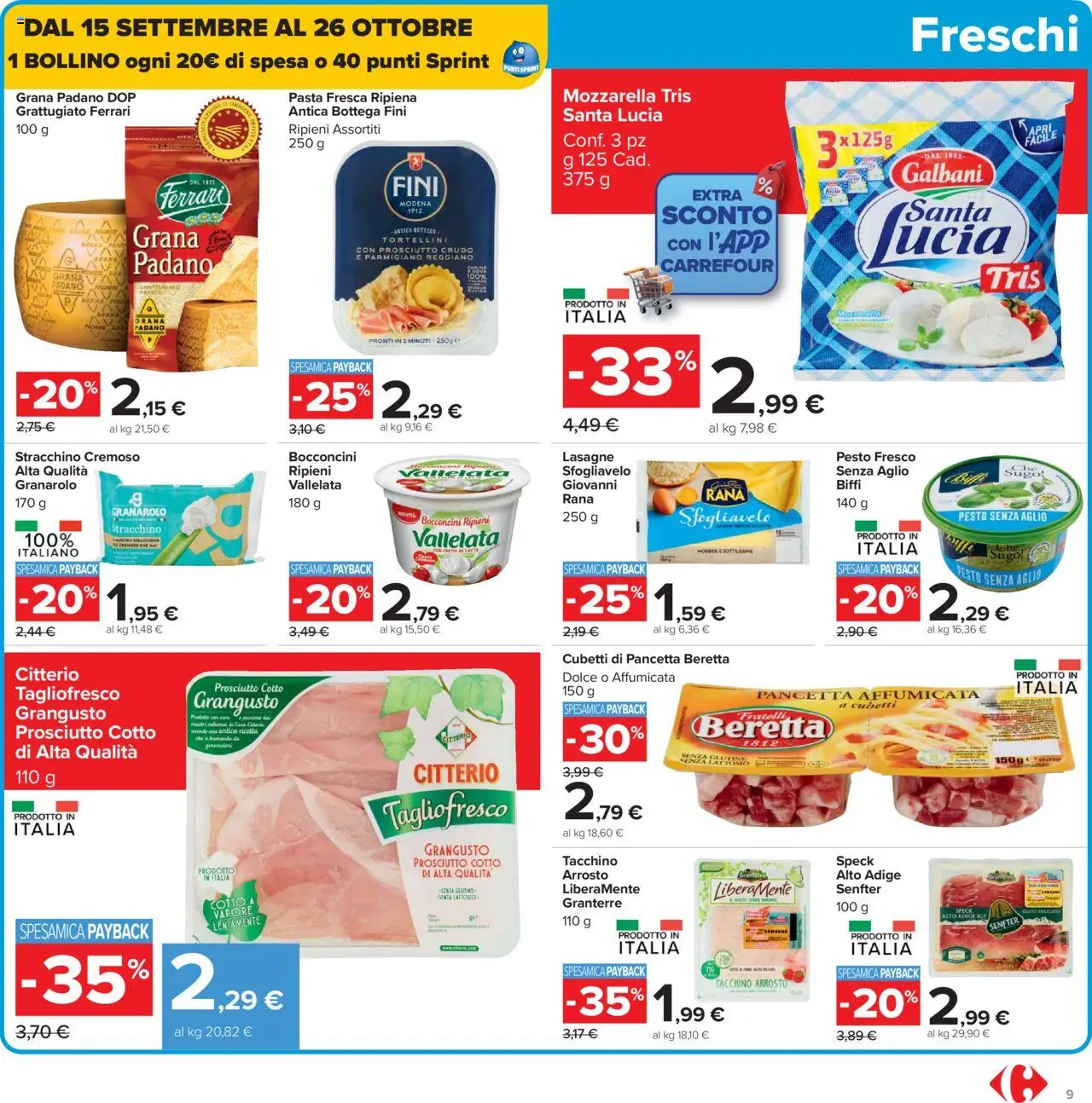 Volantino Carrefour del 15.09.2025 | Pagina: 9 | Prodotti: Prosciutto Crudo, Pancetta, Aglio, Parmigiano
