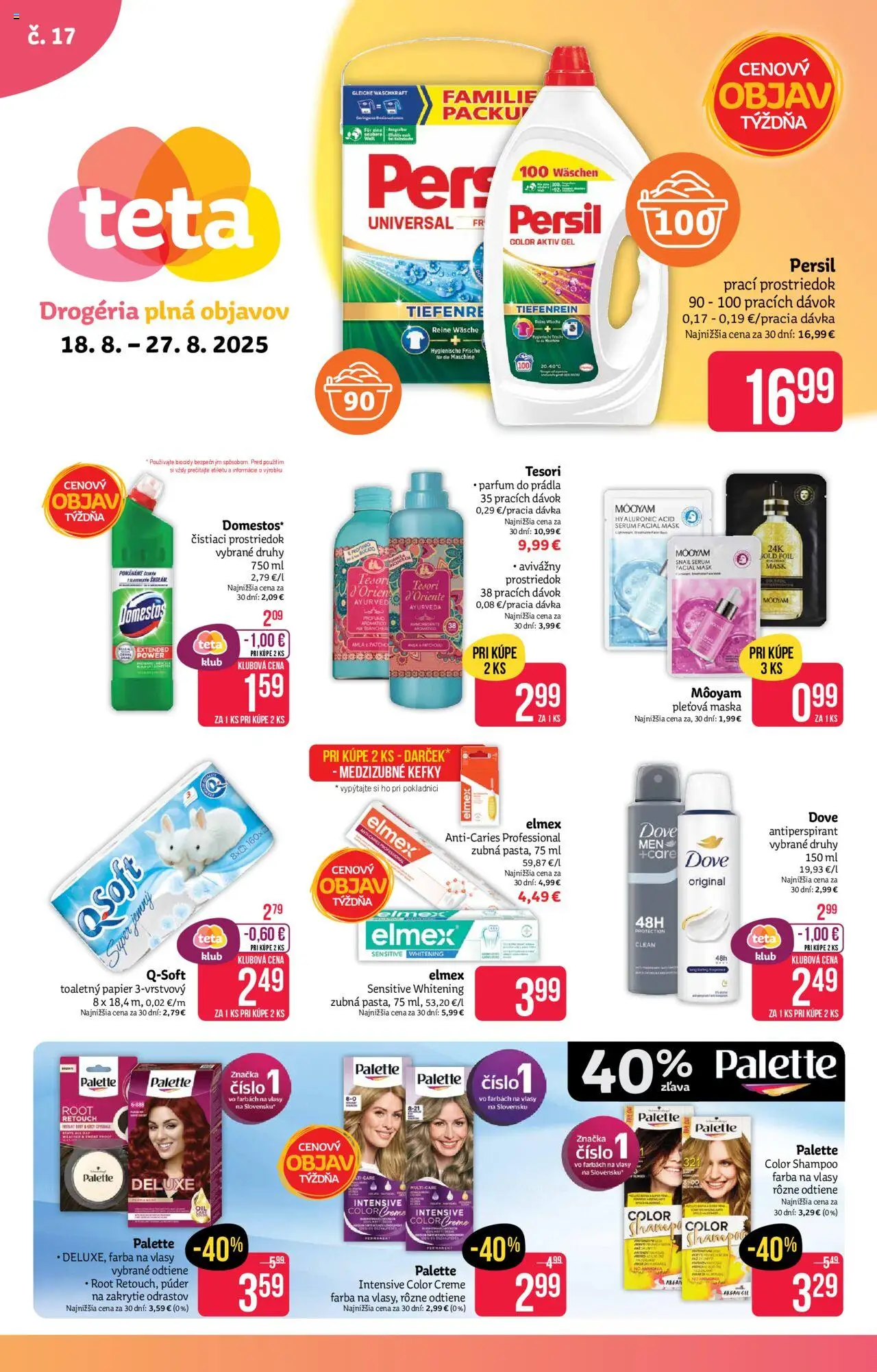 Teta drogerie leták │ platný od 18.08.2025 | Strana: 1 | Produkty: Púder, Farba na vlasy, Antiperspirant, Domestos