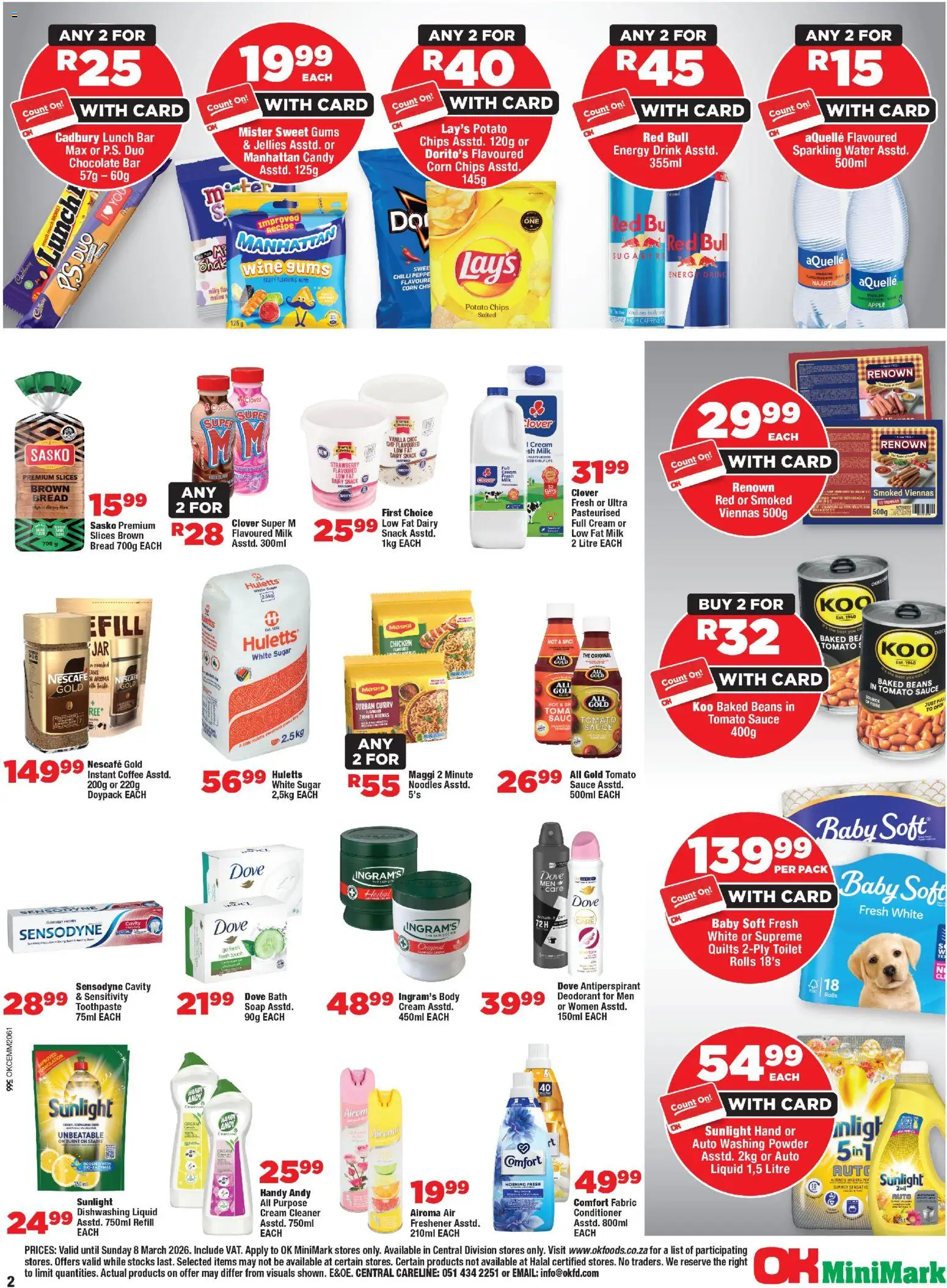 New OK Foods catalogue – valid from 25.02.2026 | Page: 2 | Products: Corn, Baked beans, Wine, Cream