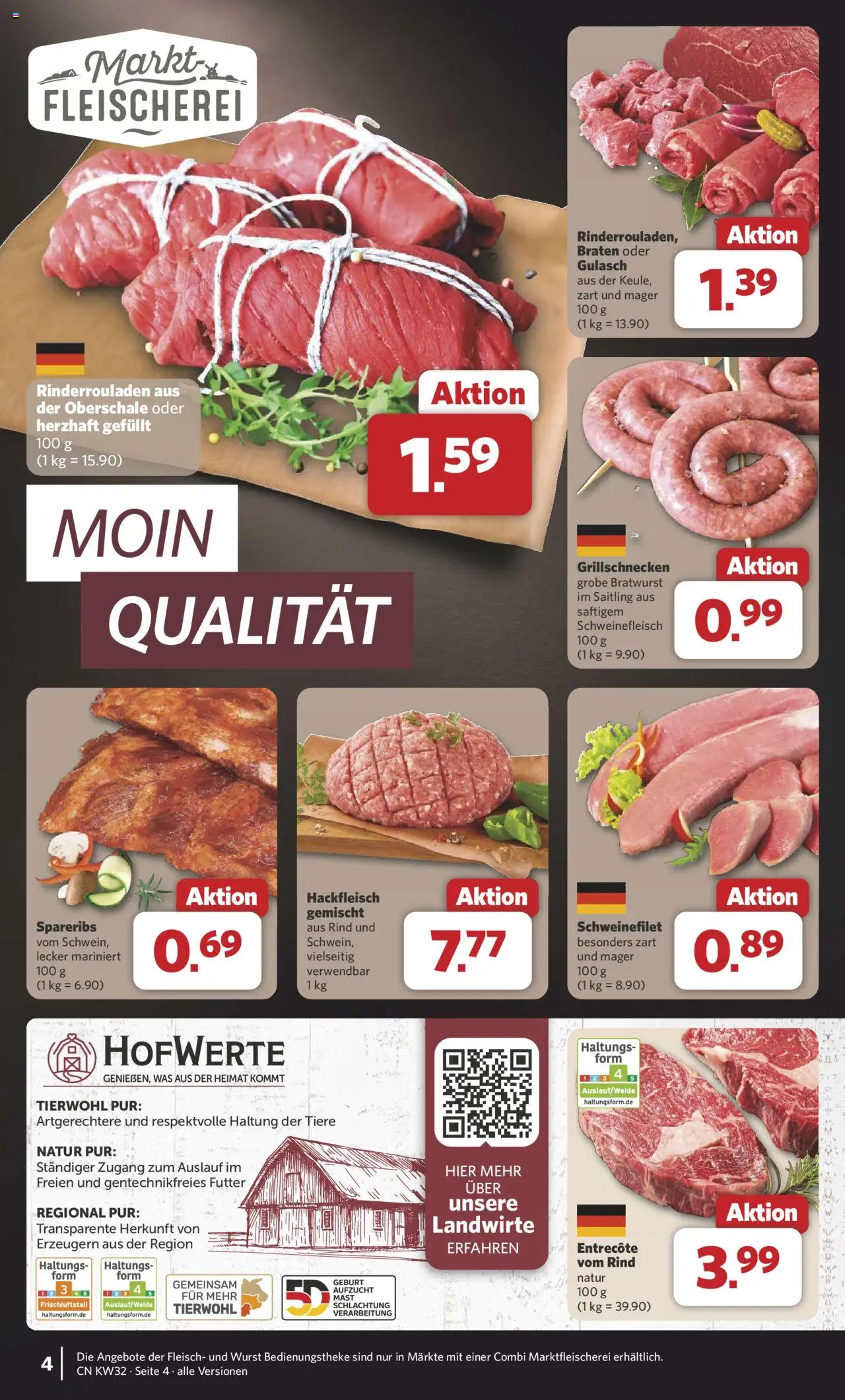 Combi Prospekt 	 - gültig ab dem 03.08.2025 | Seite: 4 | Produkte: Rinderrouladen, Bratwurst, Schweinefleisch, Fleisch