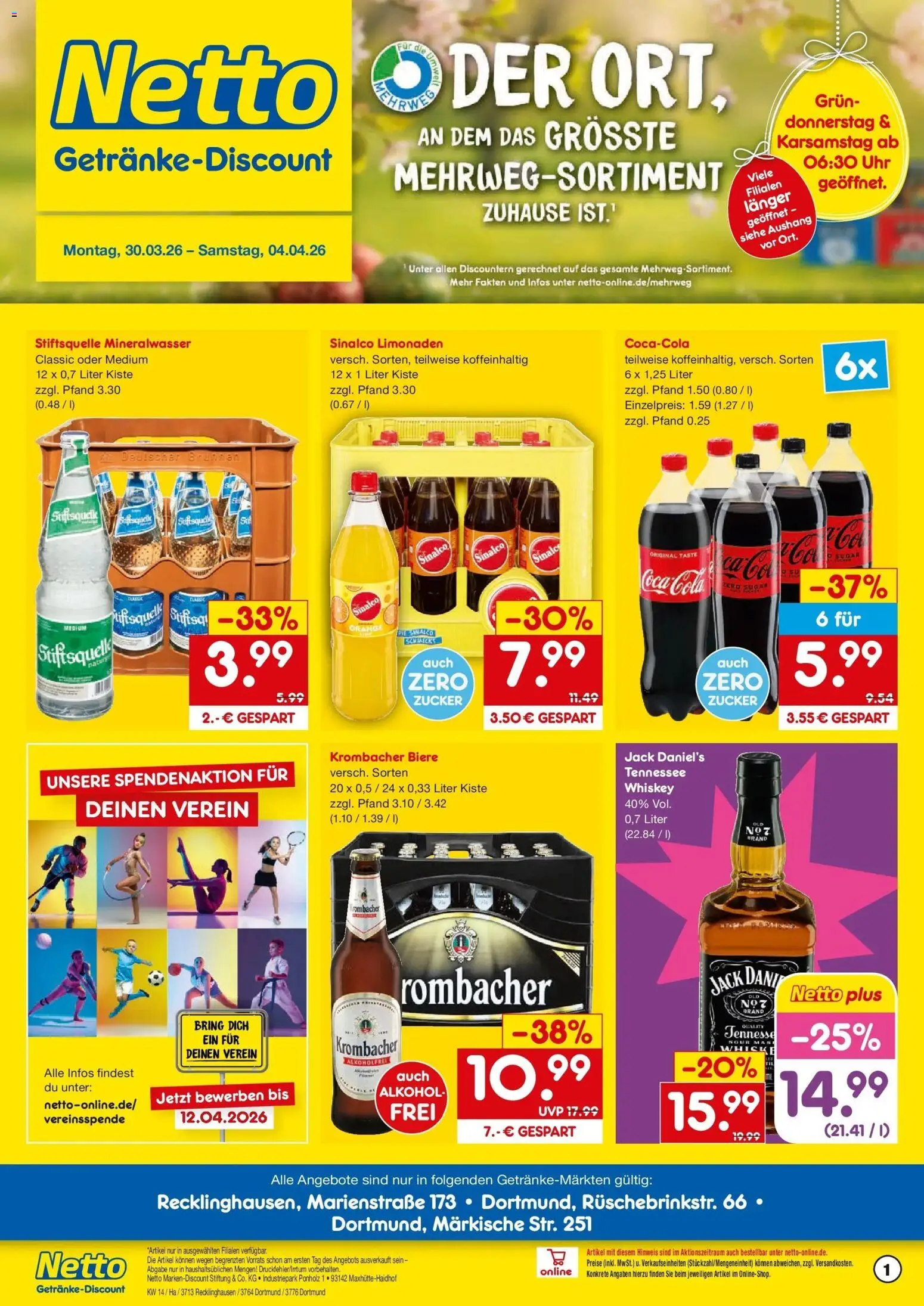 Netto Marken-Discount Prospekt Dortmund	 – gültig ab 30.03.2026 | Seite: 1 | Produkte: Sinalco, Zucker, Krombacher, Whiskey