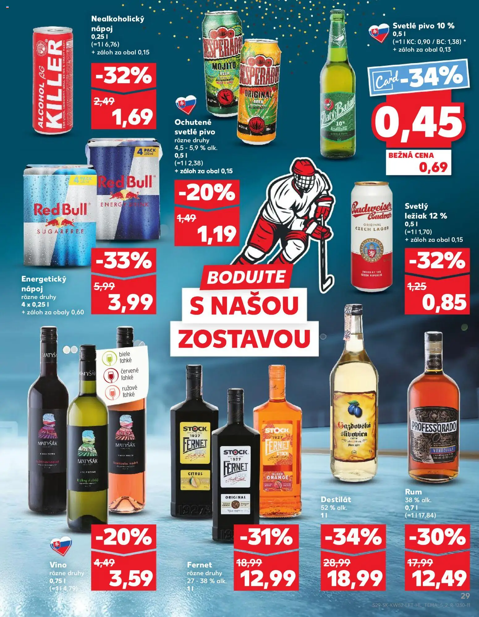 Nové Kaufland akcie – leták je platný od 27.12.2025 | Strana: 29 | Produkty: Zlatý Bažant, Slivovica, Fernet Stock, Energetický nápoj