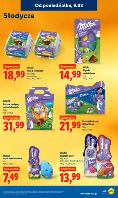 Pogląd oferty "MILKA Jajka z czekolady, 128 g, 136 g różne rodzaje" - ważna od 09.03.2026 | Strona: 49 | Produkty: Czekolady, Czekolady milka, Milka, Jajka