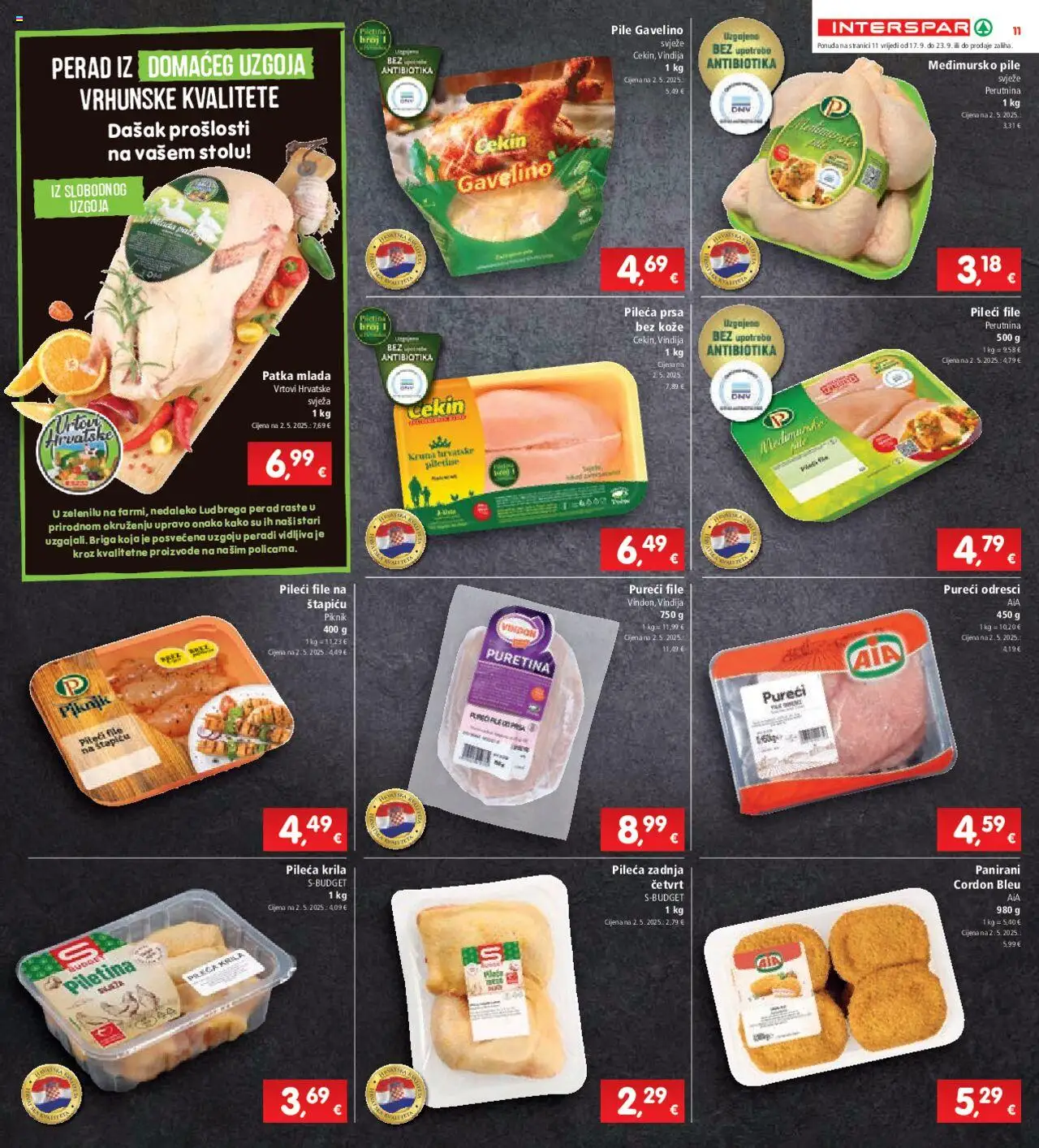 Interspar katalog | vrijedi od 17.09.2025 | Stranica: 11 | Proizvodi: Vindija, Pileći file, Piletina, Pileća prsa