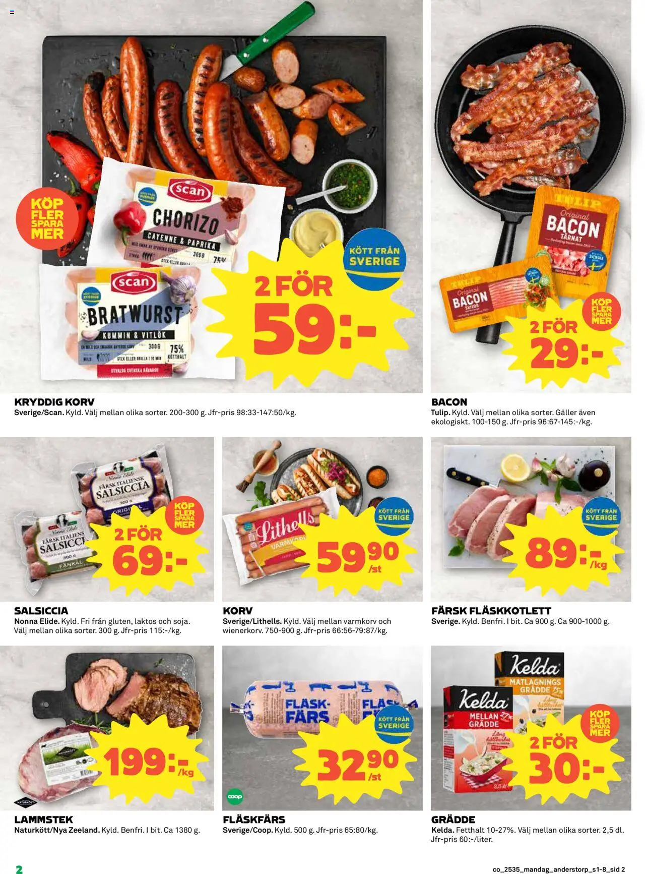 Coop reklamblad aktuell från 25.08.2025 | Sida: 2 | Produkter: Bacon, Galler, Vitlök, Chorizo
