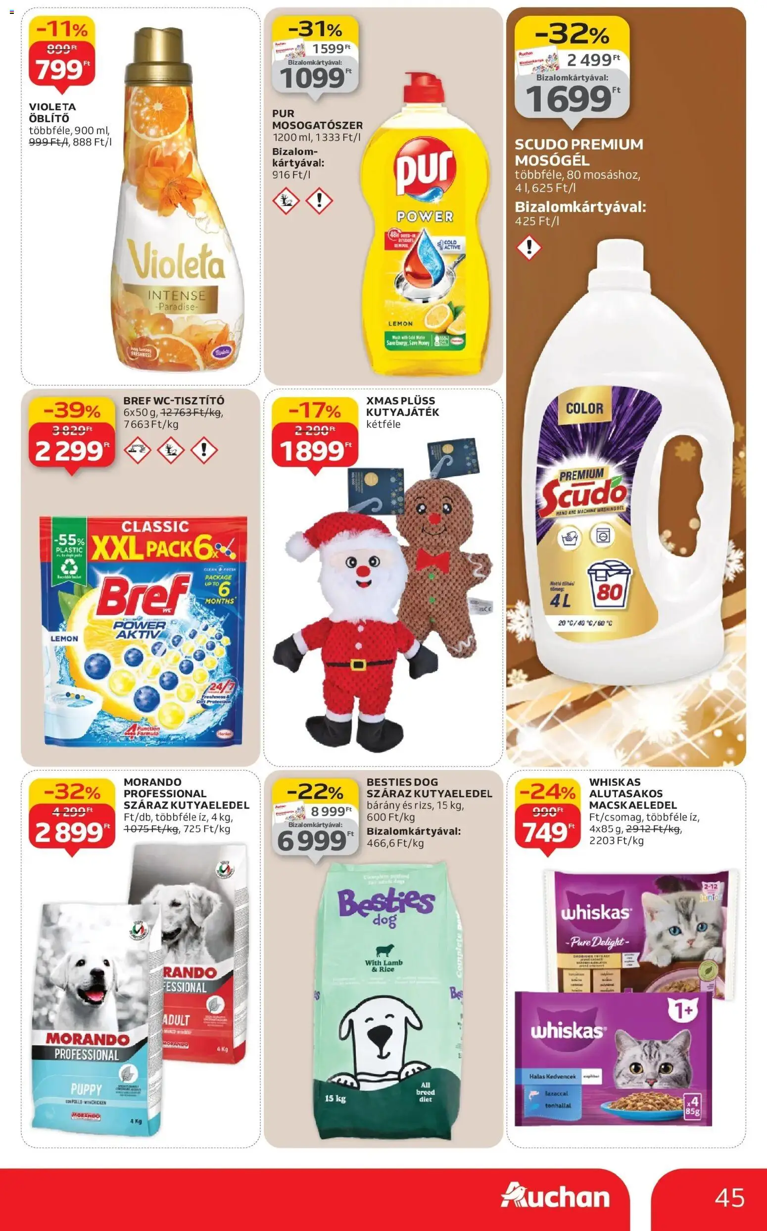 Auchan akciós ujság - amely érvényes a következő dátumtól: 18.12.2025 | Oldal: 45 | Termékek: Macskaeledel, Kutyaeledel, Whiskas, Mosógél