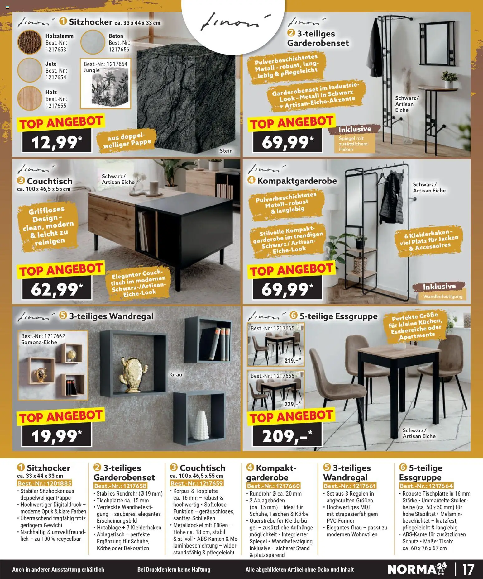 Norma Bestellmagazin Januar 2026 – gültig ab 01.01.2026 | Seite: 17 | Produkte: Wandregal, Essgruppe, Spiegel, Kleiderhaken