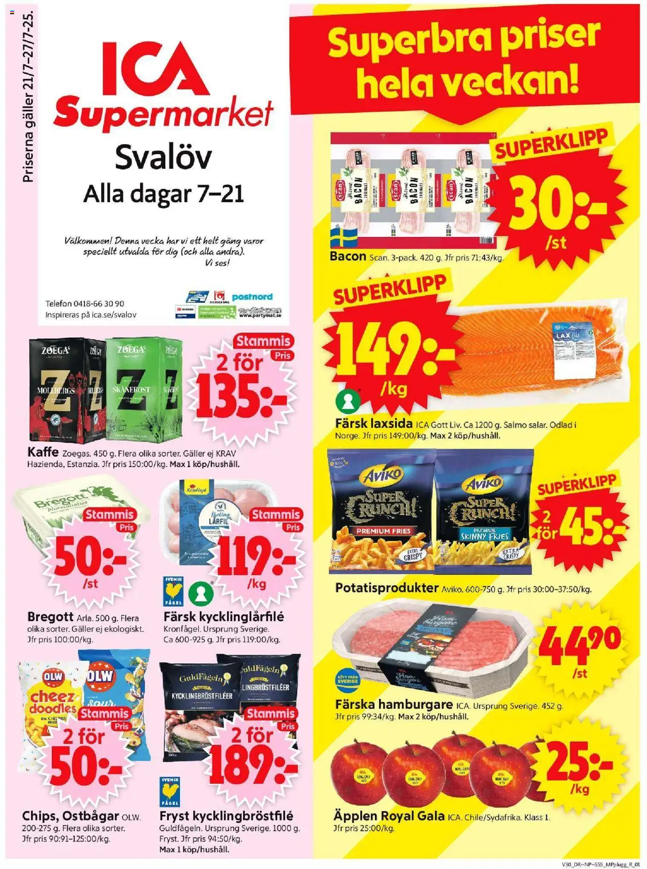 ICA Supermarket reklamblad aktuell från 21.07.2025 | Sida: 1 | Produkter: Ostbågar, Galler, Lax, Kaffe