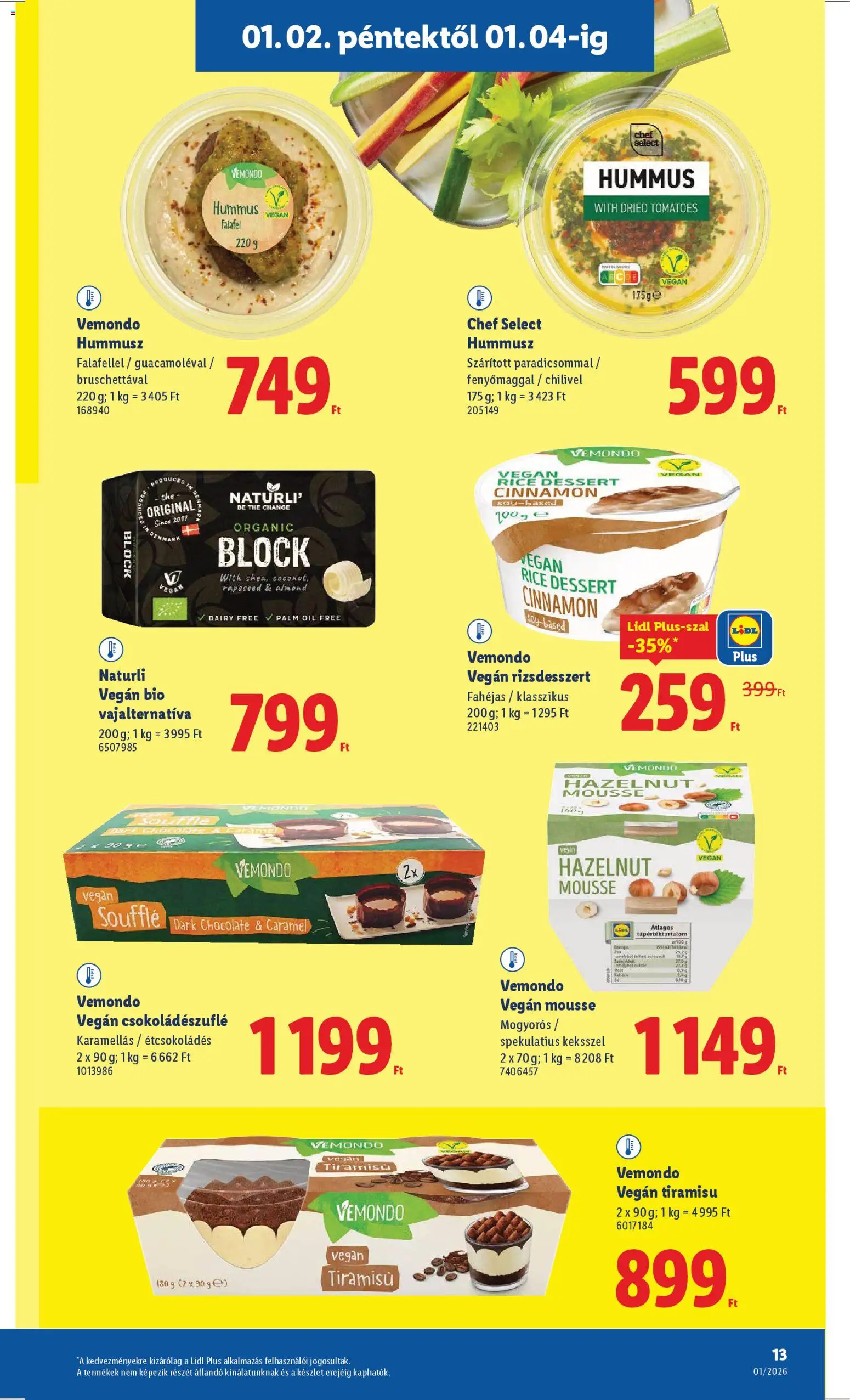 Lidl akciós ujság - amely érvényes a következő dátumtól: 02.01.2026 | Oldal: 13 | Termékek: Tiramisu, Vegán
