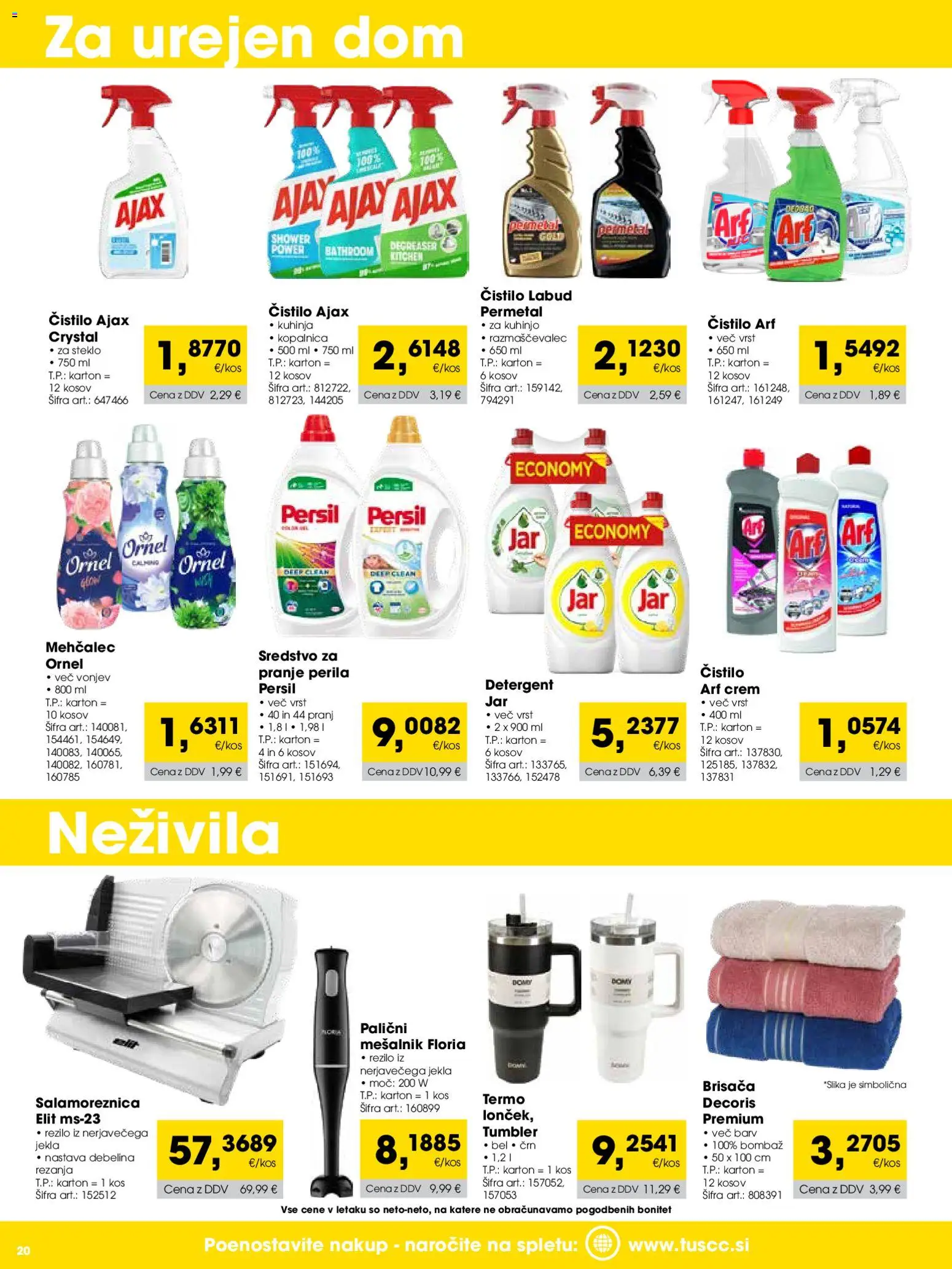 Novi Tuš katalog ponudbe – veljaven od 01.03.2026 | Stran: 20 | Izdelki: Mesalnik, Mehčalec, Brisača, Detergent