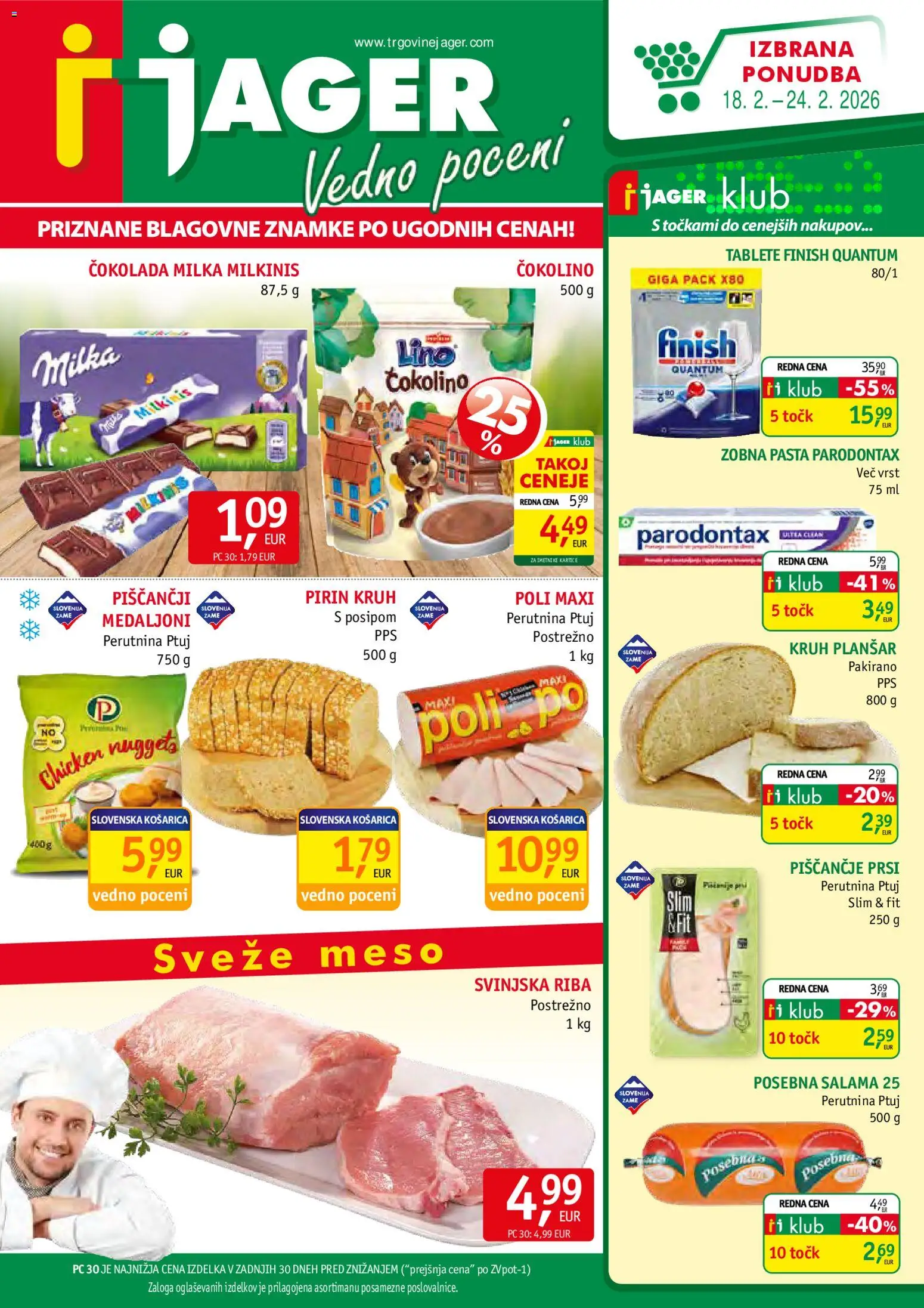 Novi Jager katalog ponudbe – veljaven od 18.02.2026 | Stran: 1 | Izdelki: Čokolino, Cokolada, Zobna pasta, Riba