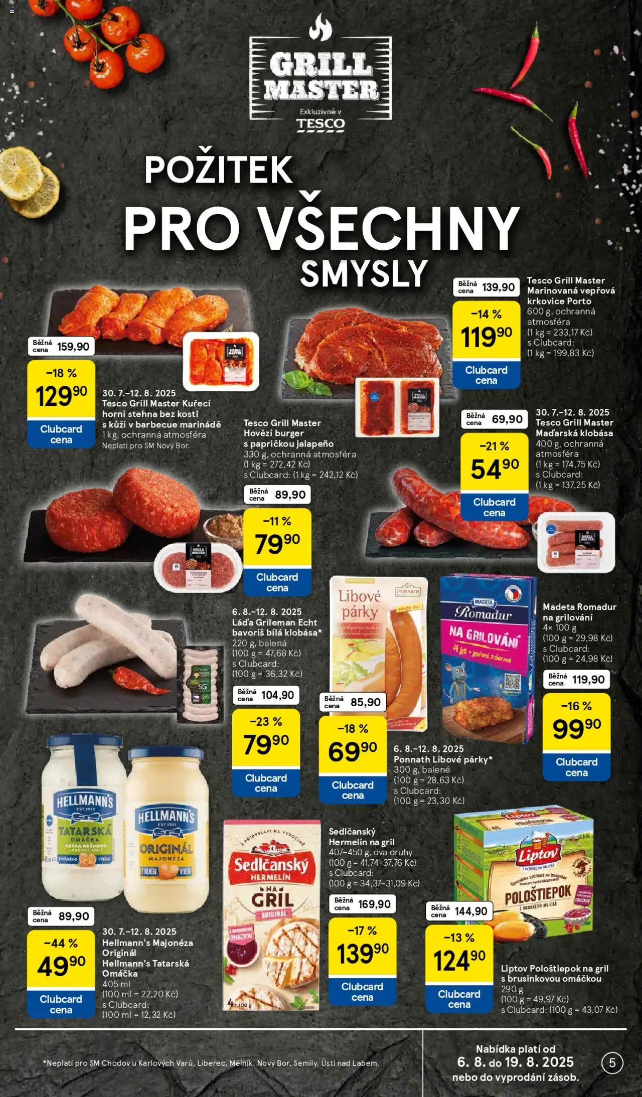 Tesco leták - Supermarket od 06.08.2025 | Strana: 5 | Produkty: Grilování, Koření, Hellmann's, Vepřová krkovice