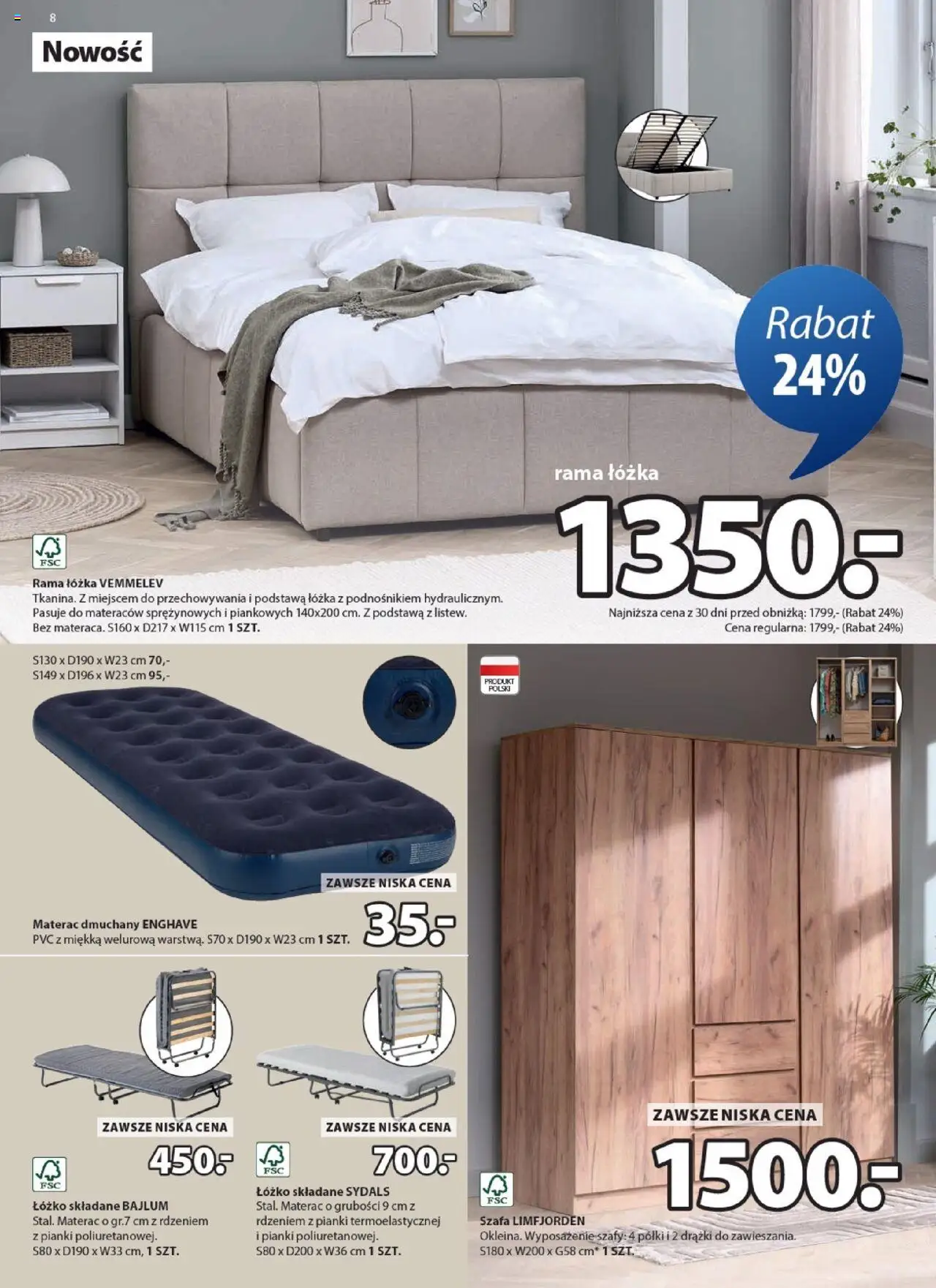 JYSK Gazetka od 13.08.2025 | Strona: 8 | Produkty: Łóżko, Materac, Szafa, Pianki