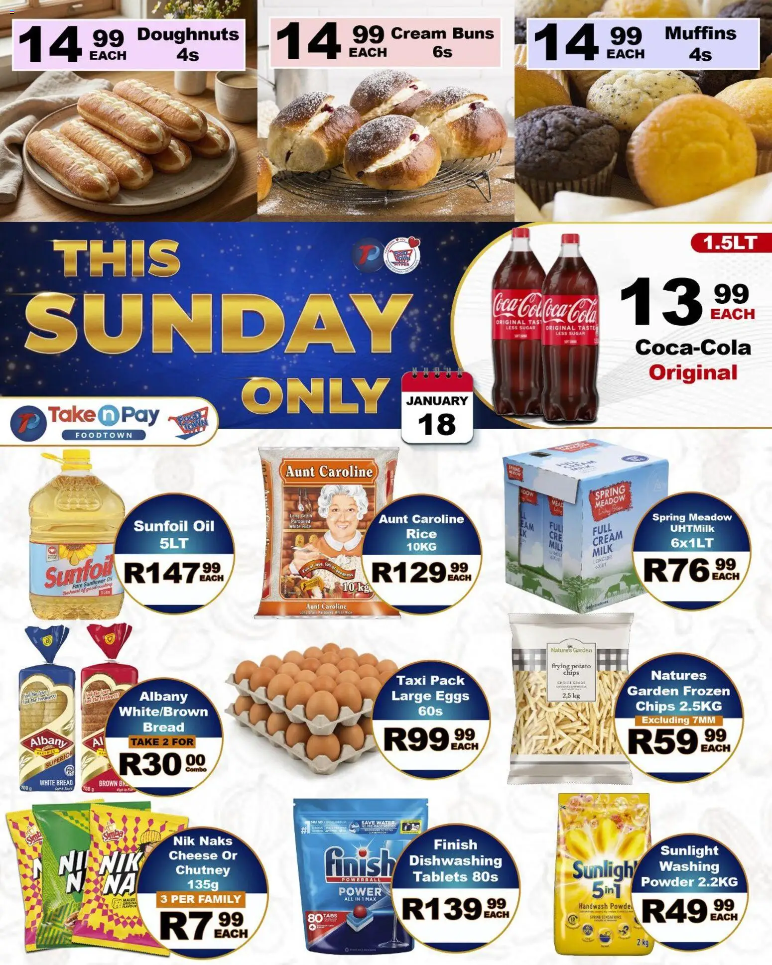 New Take n Pay catalogue – valid from 18.01.2026 | Page: 1 | Products: Muffins, Buns, Cheese, Chips
