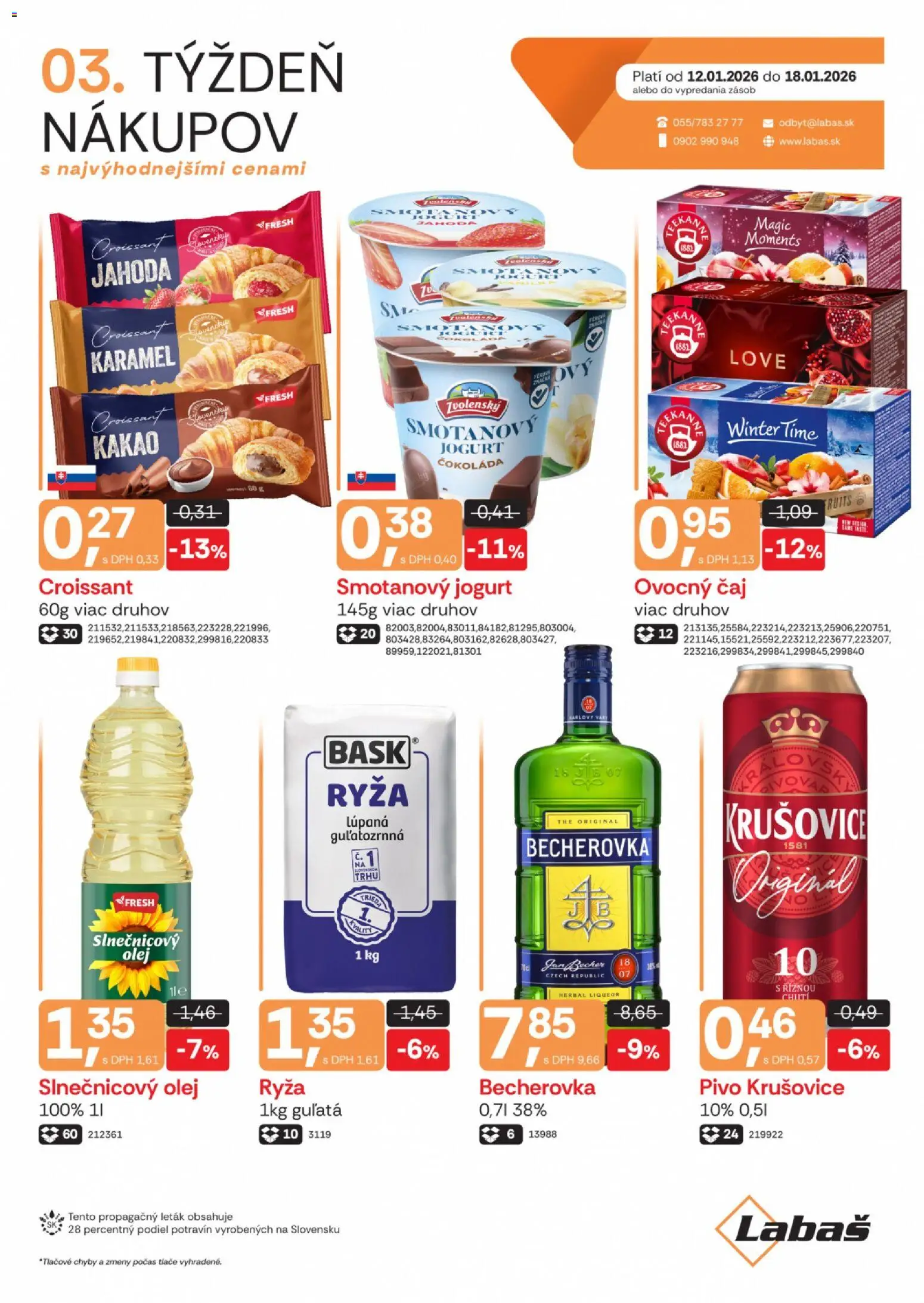 Nové Labaš akcie – leták je platný od 12.01.2026 | Strana: 1 | Produkty: Becherovka, Pivo, Jogurt, Čaj